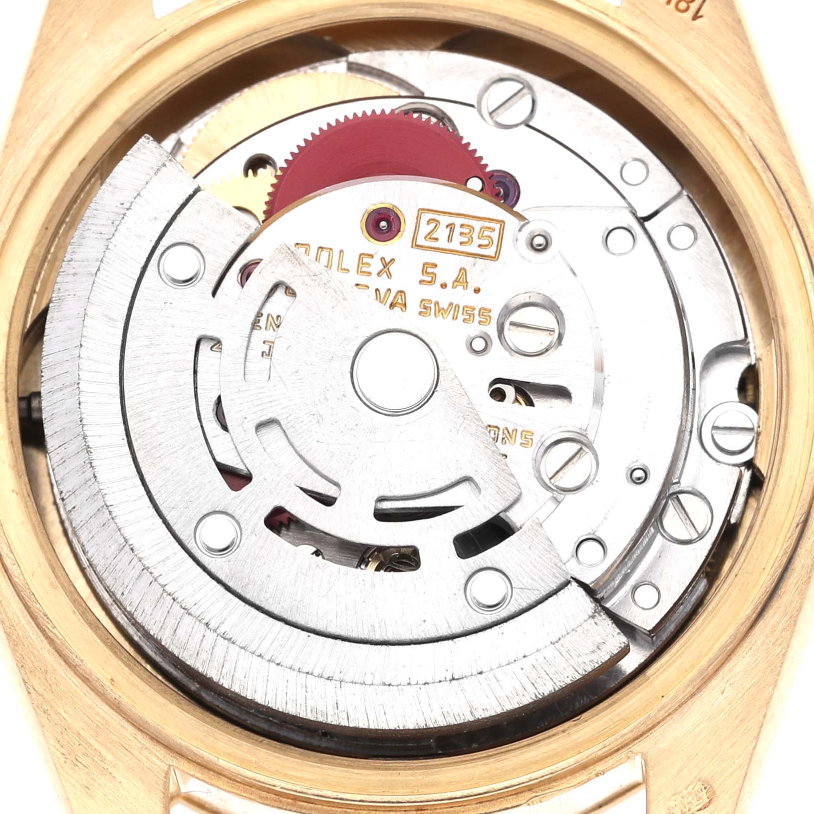 The image shows the inner mechanism of a Rolex President 69178 Women's Yellow Gold White Dial 69178 Women's Yellow Gold White Dial model from a top-down view, highlighting the rotor and movement components.