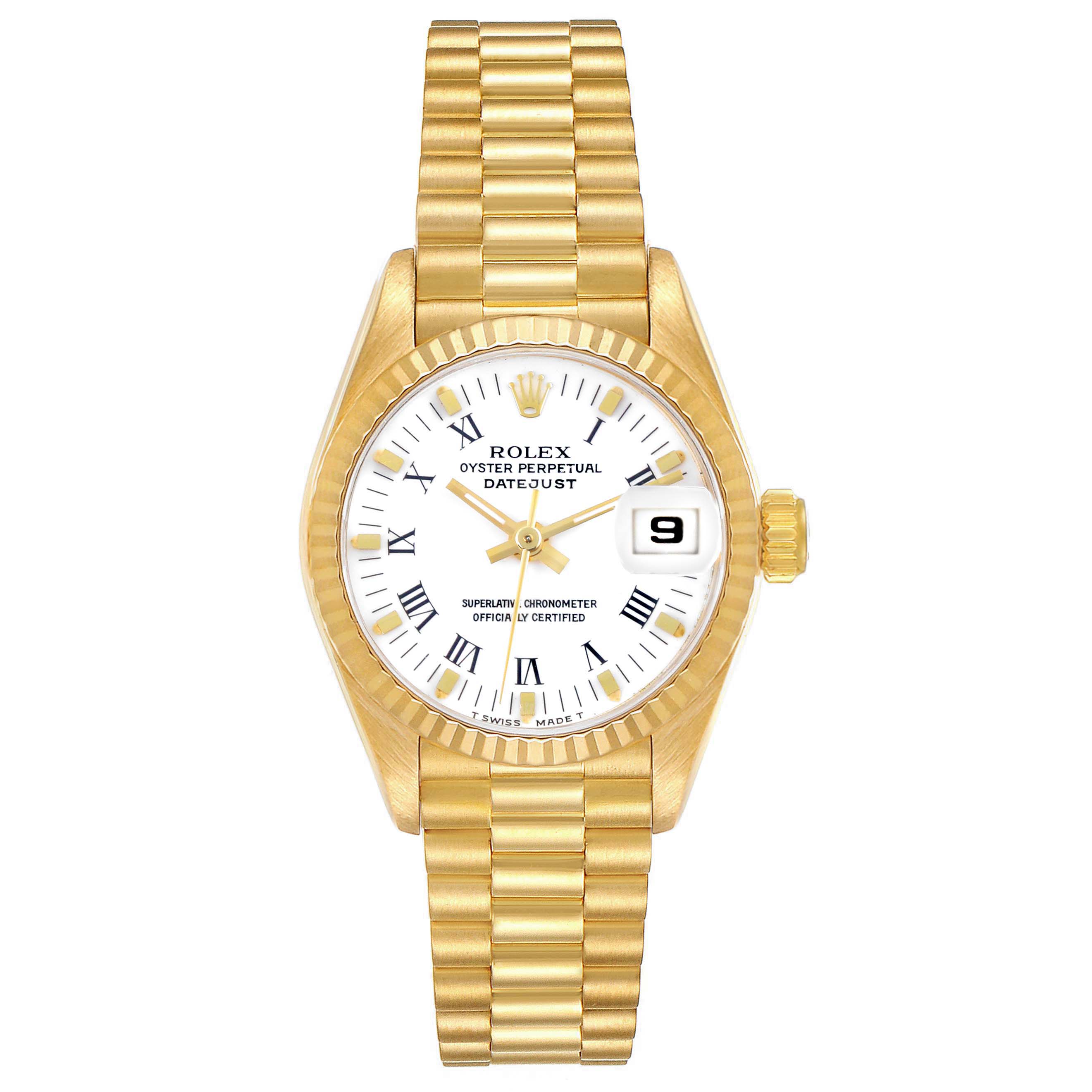 The Rolex President 69178 Women's Yellow Gold White Dial 69178 Women's Yellow Gold White Dial model watch is shown from the front, highlighting its dial, bezel, bracelet, and date function.