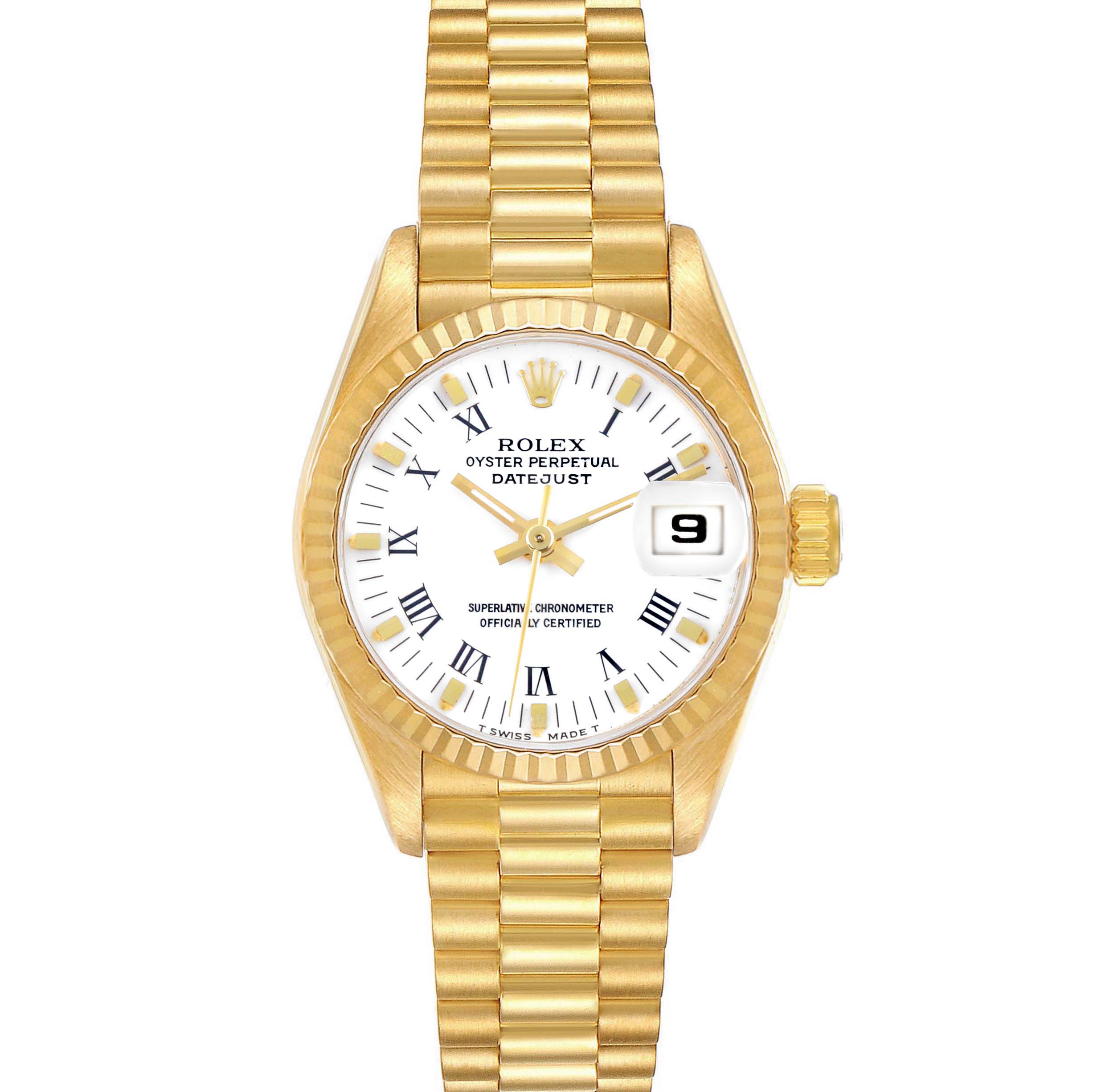 The Rolex President 69178 Women's Yellow Gold White Dial 69178 Women's Yellow Gold White Dial model is shown from a front angle, displaying the dial, bezel, crown, and bracelet.