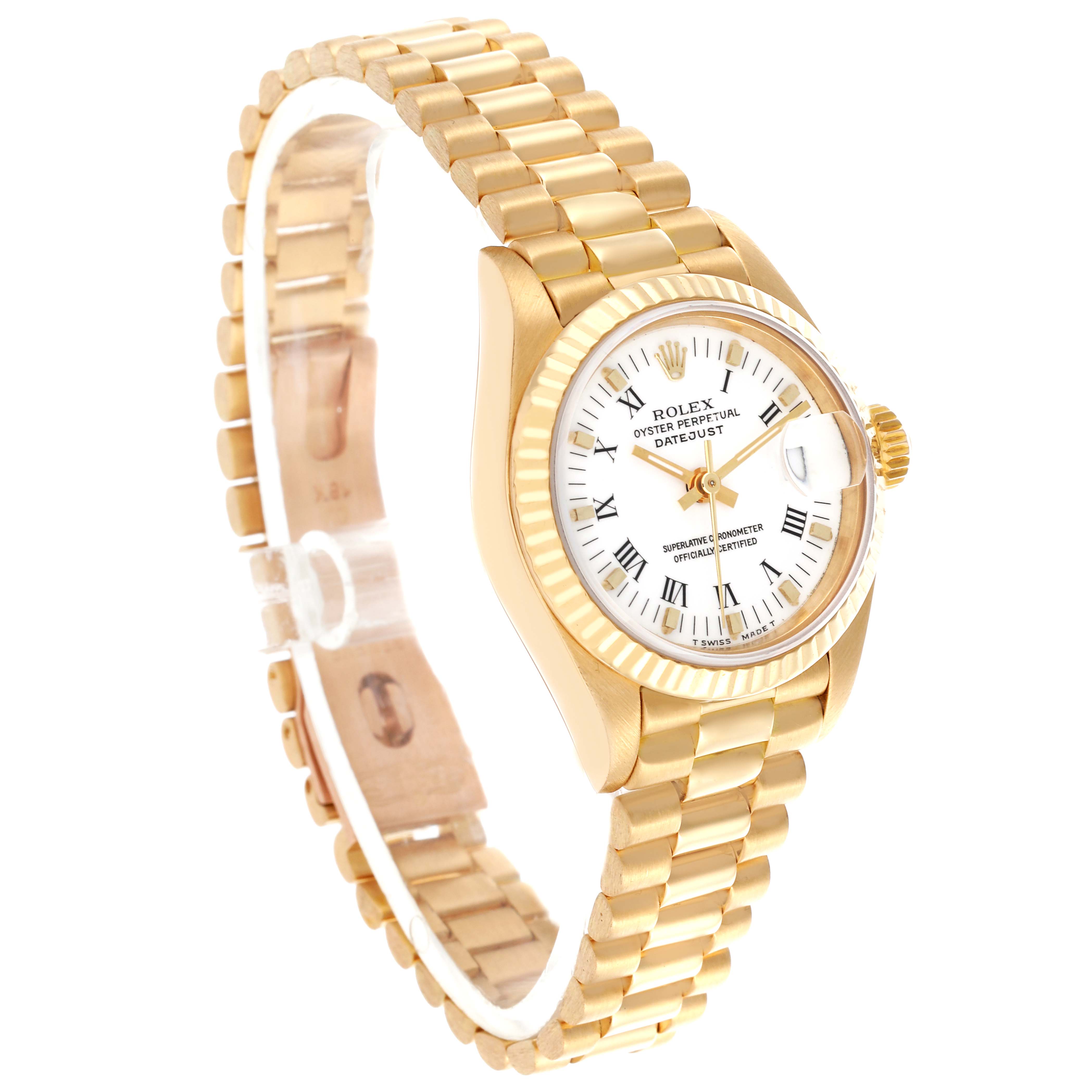 The Rolex President 69178 Women's Yellow Gold White Dial 69178 Women's Yellow Gold White Dial watch is shown at a slight side angle, displaying the face, bezel, and full bracelet.