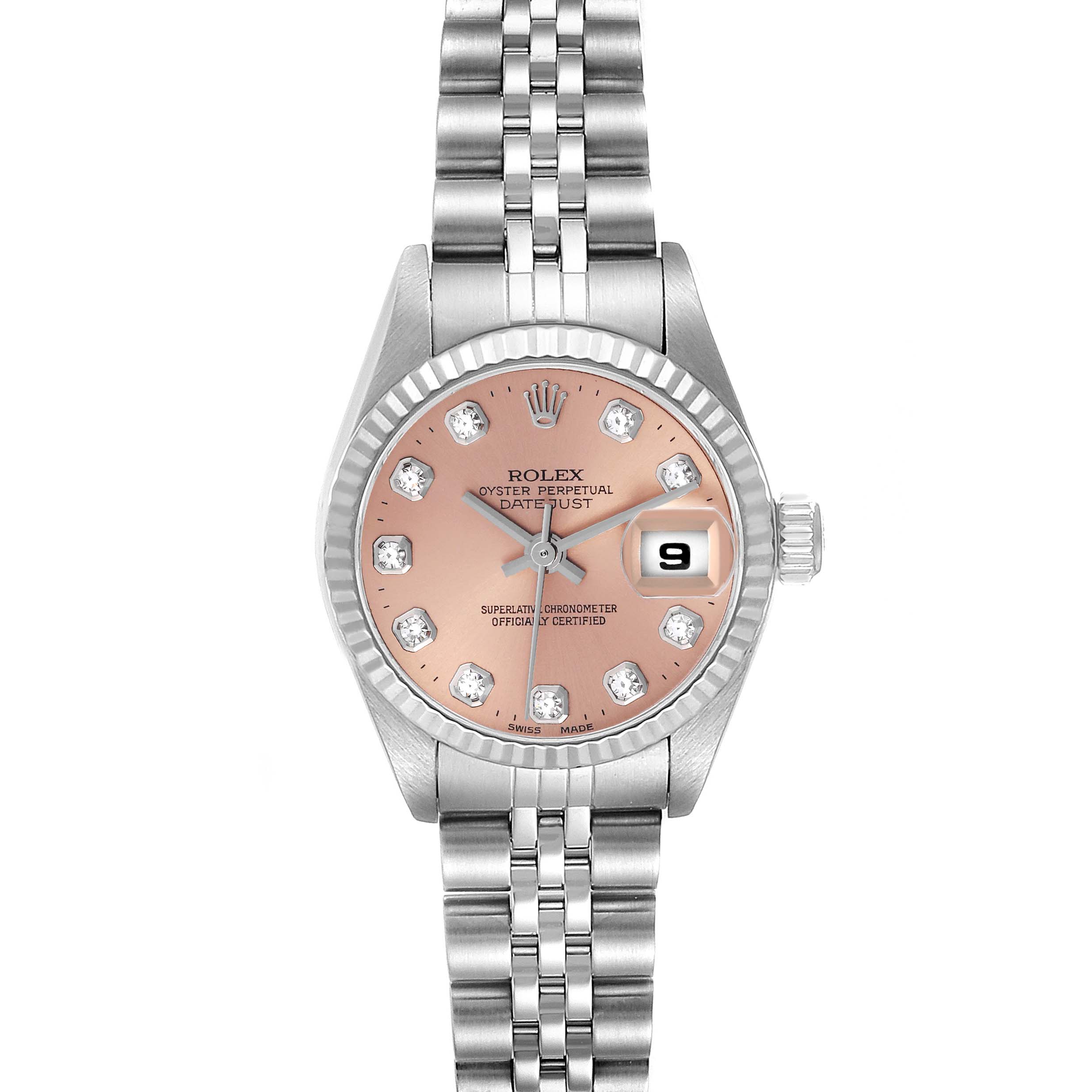 The Rolex Datejust 79174 Women's Stainless Steel Pink Dial 79174 Women's Stainless Steel Pink Dial is shown from a front angle, displaying the face, hands, date, and part of the bracelet.