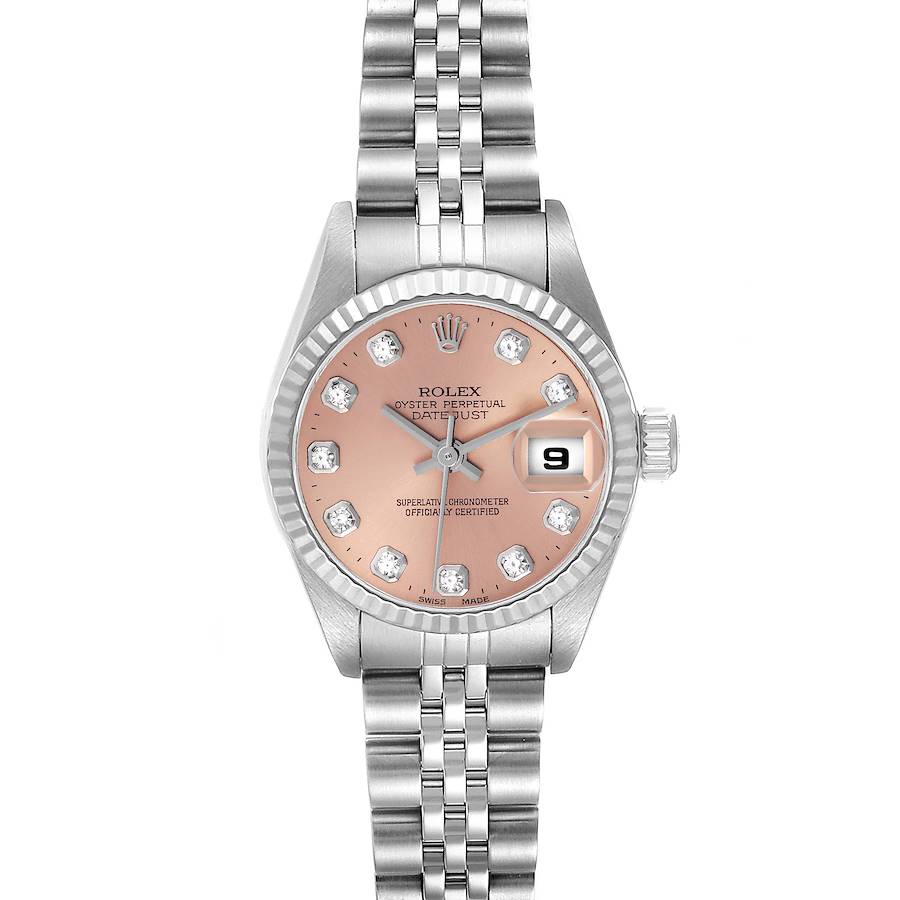 The Rolex Datejust is shown from a front angle, displaying the face, hands, date, and part of the bracelet.