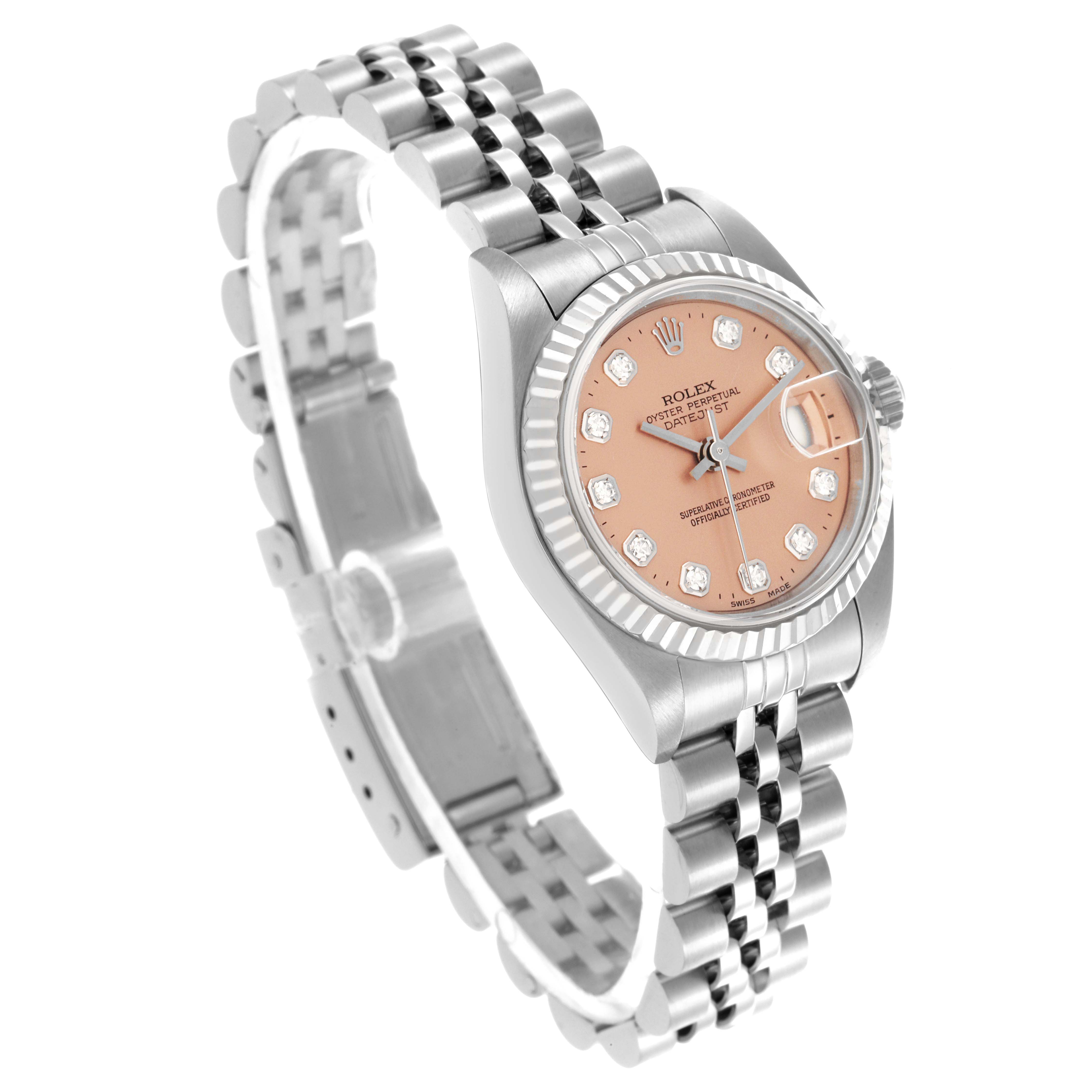 The Rolex Datejust 79174 Women's Stainless Steel Pink Dial 79174 Women's Stainless Steel Pink Dial watch is shown at an angle highlighting the face, bezel, crown, and part of the bracelet.