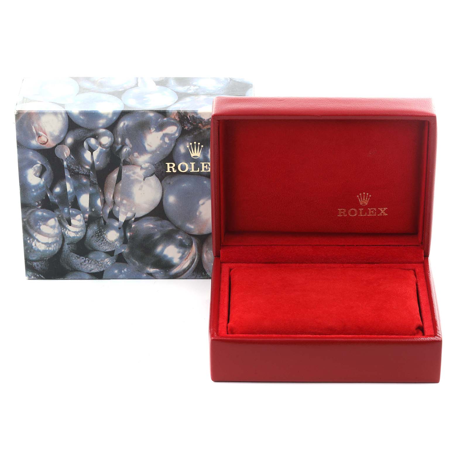 The image shows a red Rolex Datejust 79174 Women's Stainless Steel Pink Dial 79174 Women's Stainless Steel Pink Dial watch box open, with the brand logo inside and a decorated outer box nearby.