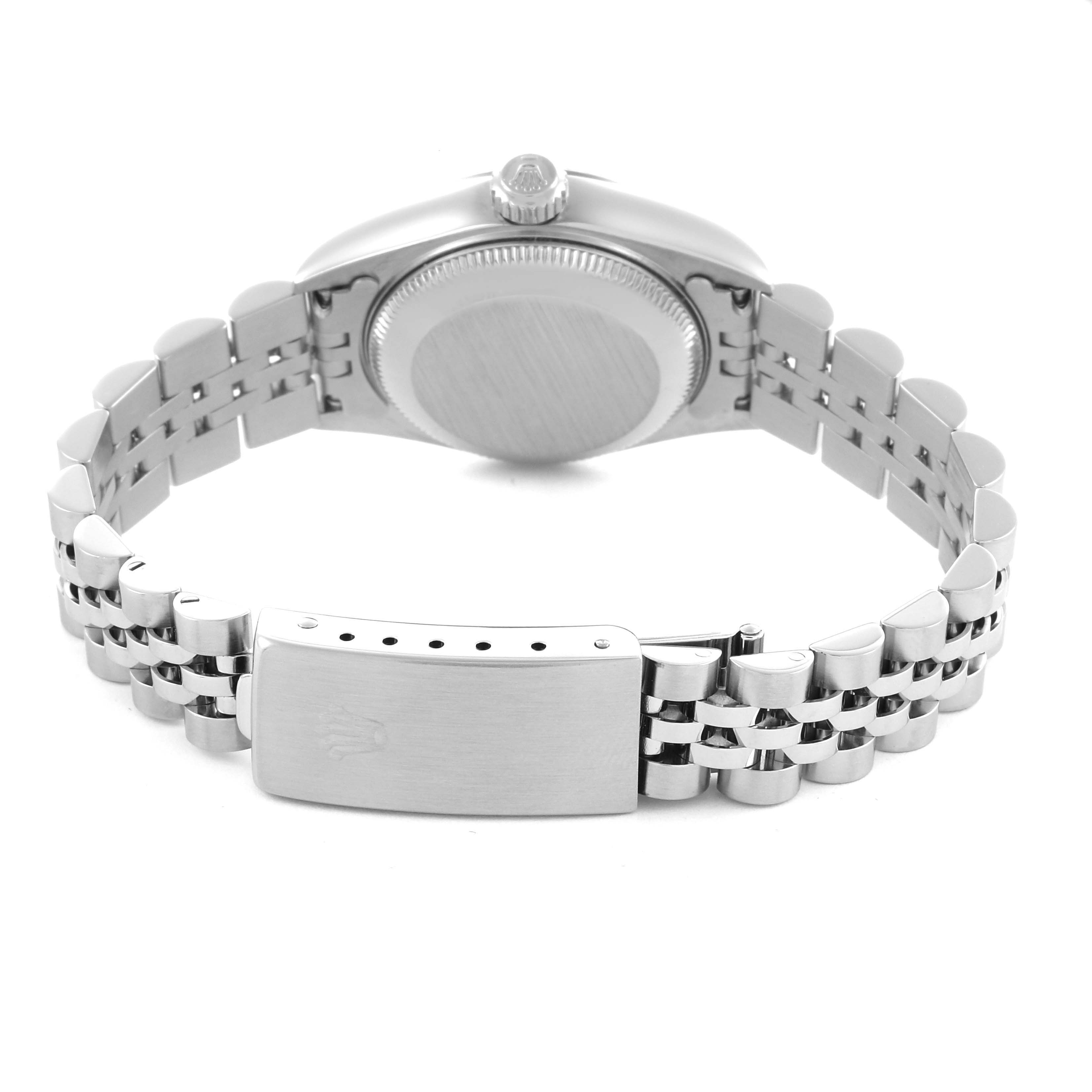 The image shows the back and bracelet of a Rolex Datejust 79174 Women's Stainless Steel Pink Dial 79174 Women's Stainless Steel Pink Dial watch, highlighting the case back and clasp.