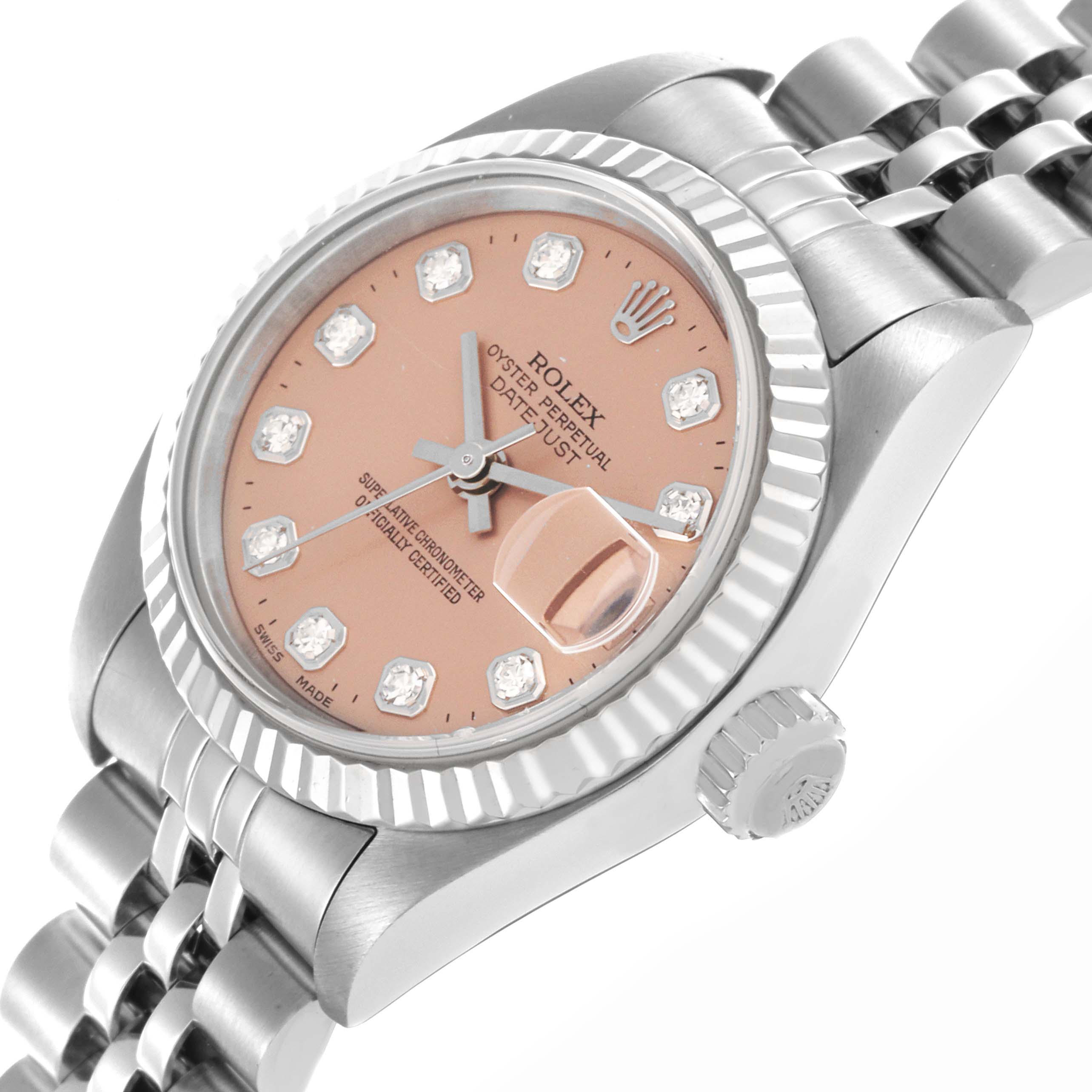 The Rolex Datejust 79174 Women's Stainless Steel Pink Dial 79174 Women's Stainless Steel Pink Dial watch is shown from a three-quarter angle, highlighting the dial, bezel, crown, and bracelet.