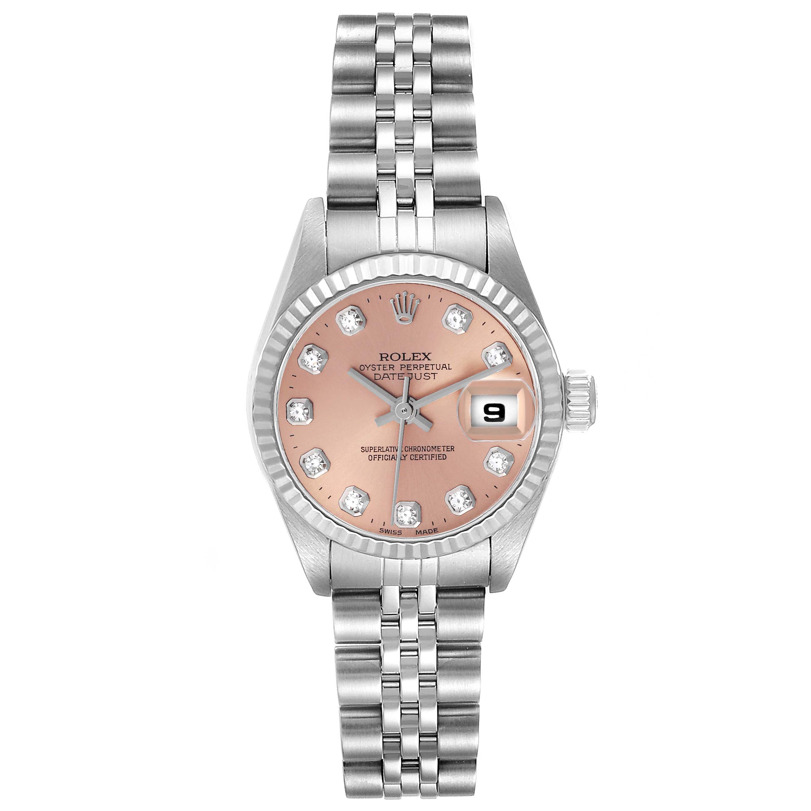The Rolex Datejust 79174 Women's Stainless Steel Pink Dial 79174 Women's Stainless Steel Pink Dial watch is shown from a top-down angle, displaying its face, hour markers, bezel, crown, and bracelet.