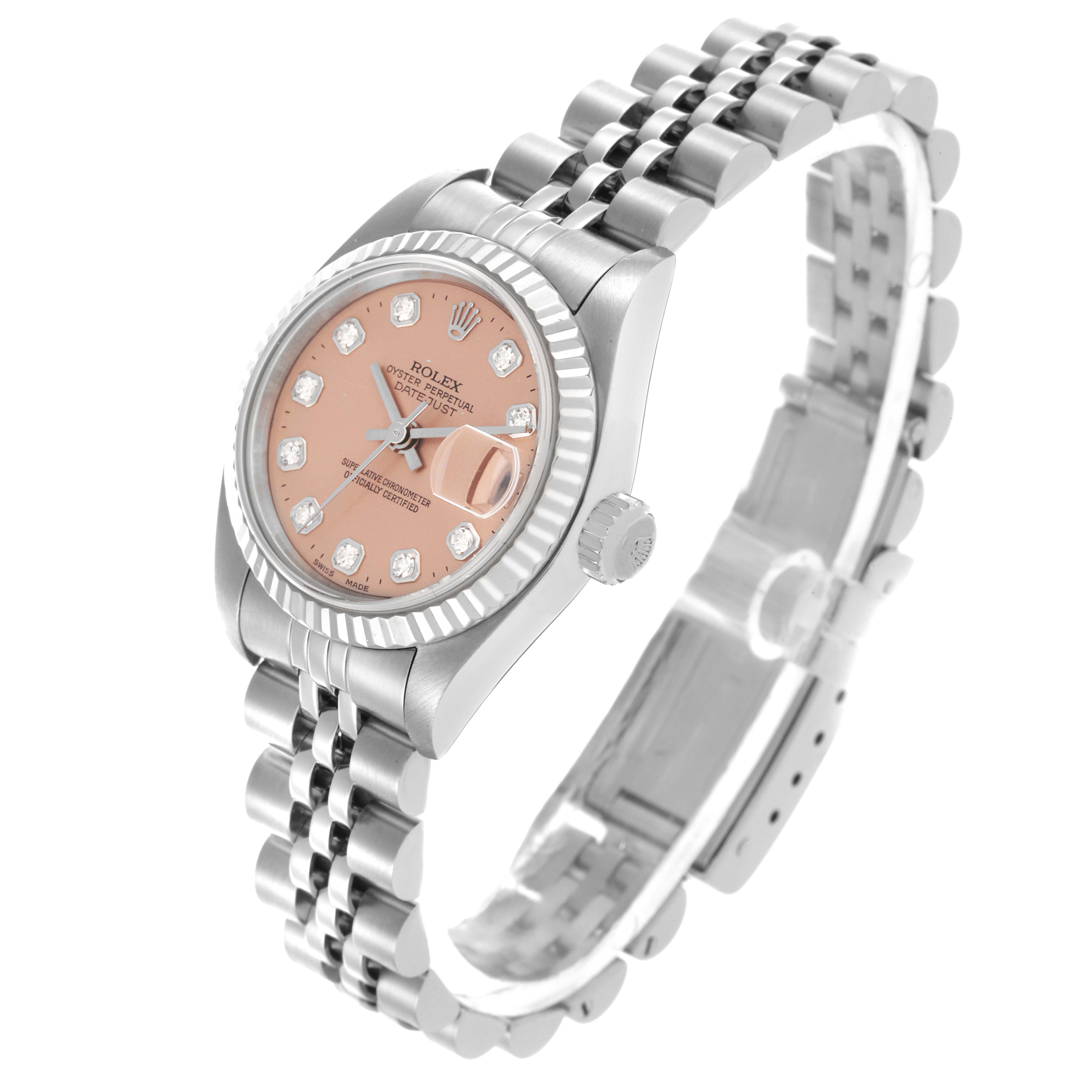 The image shows a Rolex Datejust 79174 Women's Stainless Steel Pink Dial 79174 Women's Stainless Steel Pink Dial watch at a three-quarter angle, highlighting the dial, bezel, case, and bracelet.