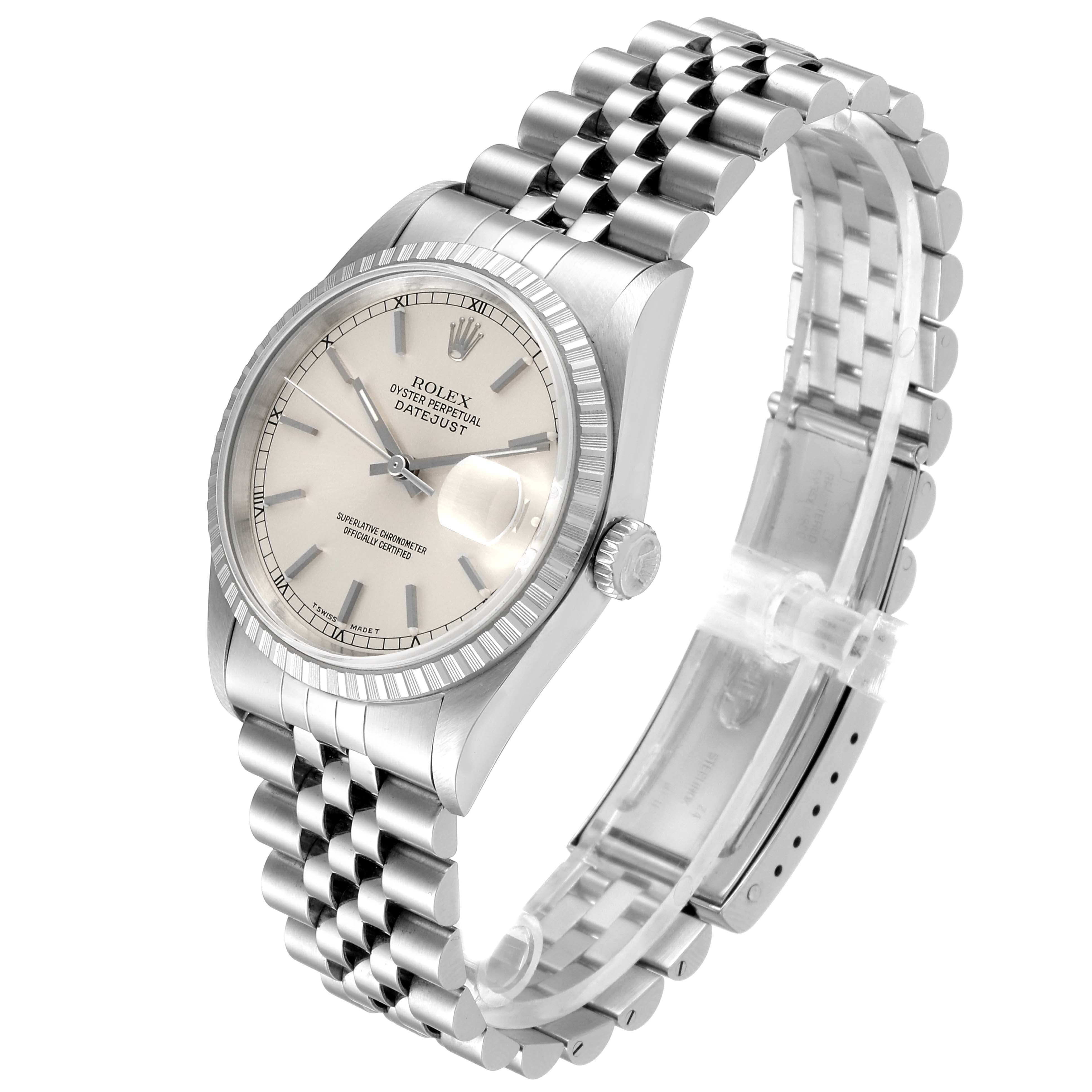 This image shows a Rolex Datejust 16220 Men's Stainless Steel Silver Dial 16220 Men's Stainless Steel Silver Dial watch at an angled side view, highlighting the dial, bezel, crown, and Jubilee bracelet.