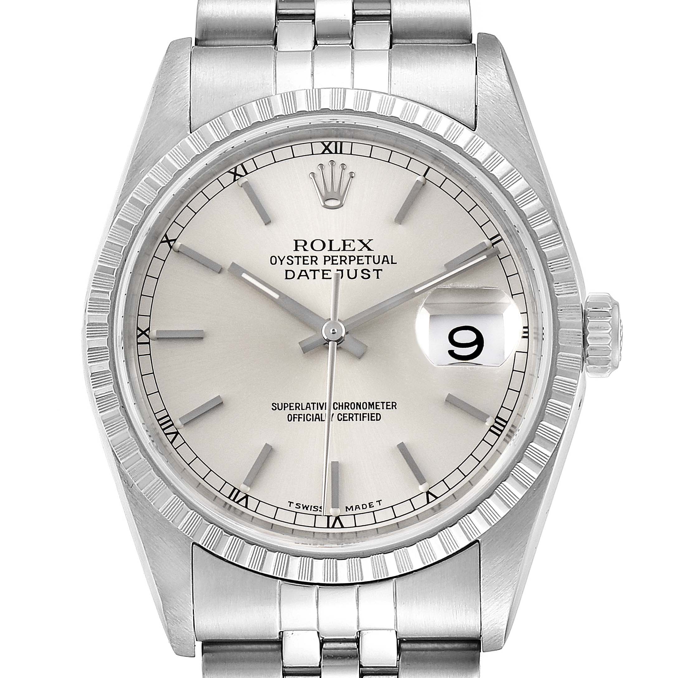 The image shows a front view of the Rolex Datejust 16220 Men's Stainless Steel Silver Dial 16220 Men's Stainless Steel Silver Dial watch, highlighting the dial, bezel, and part of the bracelet.
