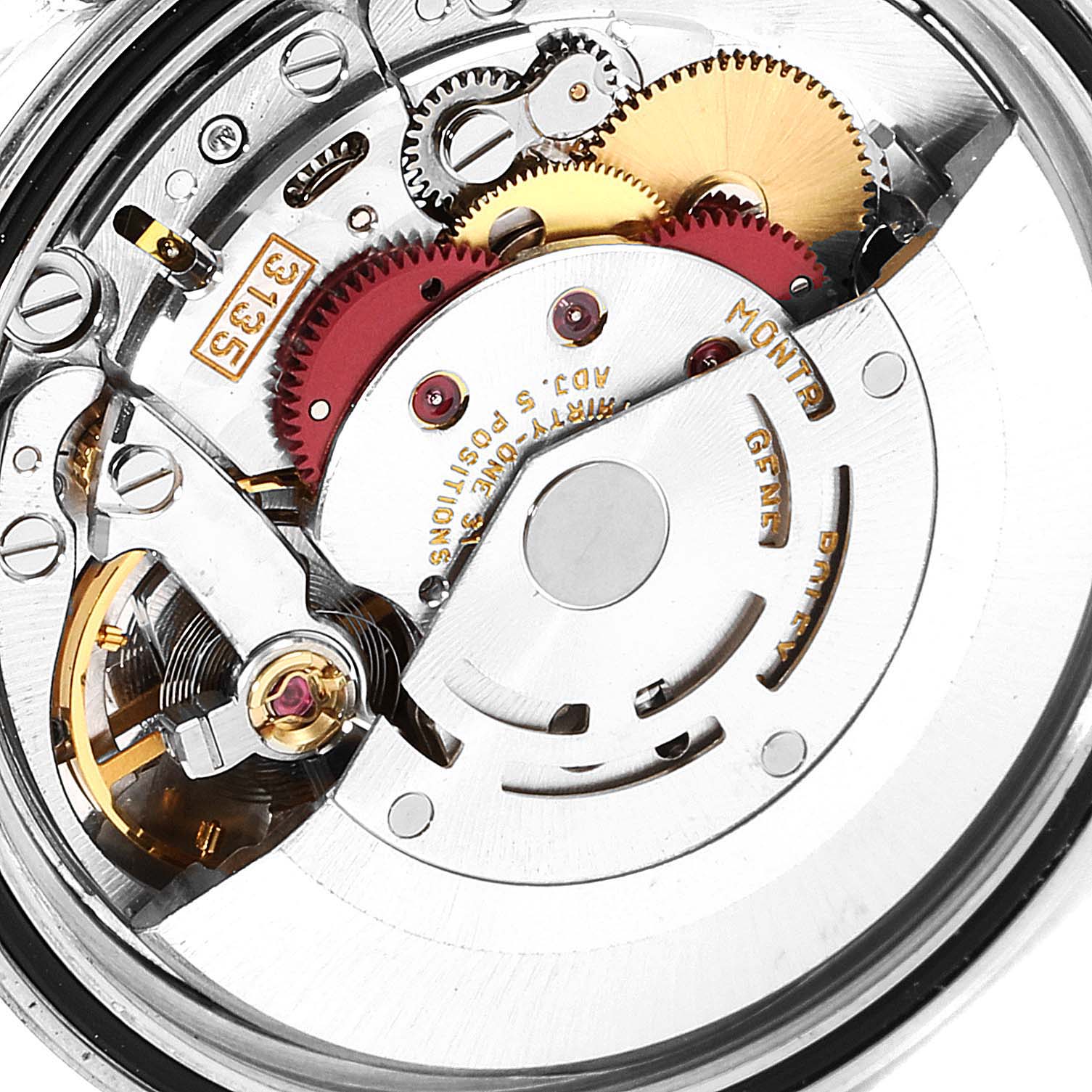 This image shows the inner mechanism and movement parts of a Rolex Datejust 16220 Men's Stainless Steel Silver Dial 16220 Men's Stainless Steel Silver Dial watch at a close-up angle.