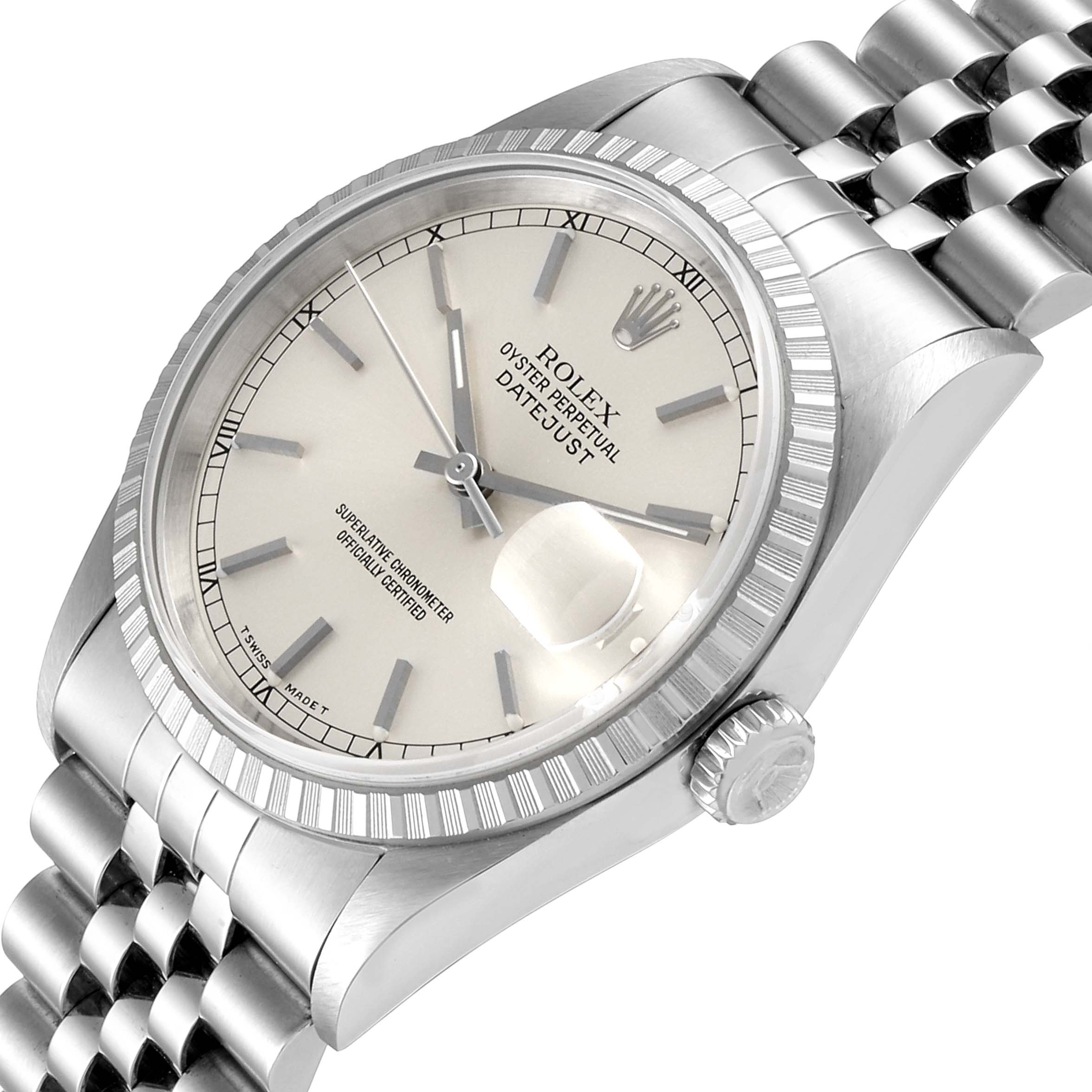 This image shows a Rolex Datejust 16220 Men's Stainless Steel Silver Dial 16220 Men's Stainless Steel Silver Dial watch at an oblique angle, highlighting the dial, bezel, crown, and part of the bracelet.