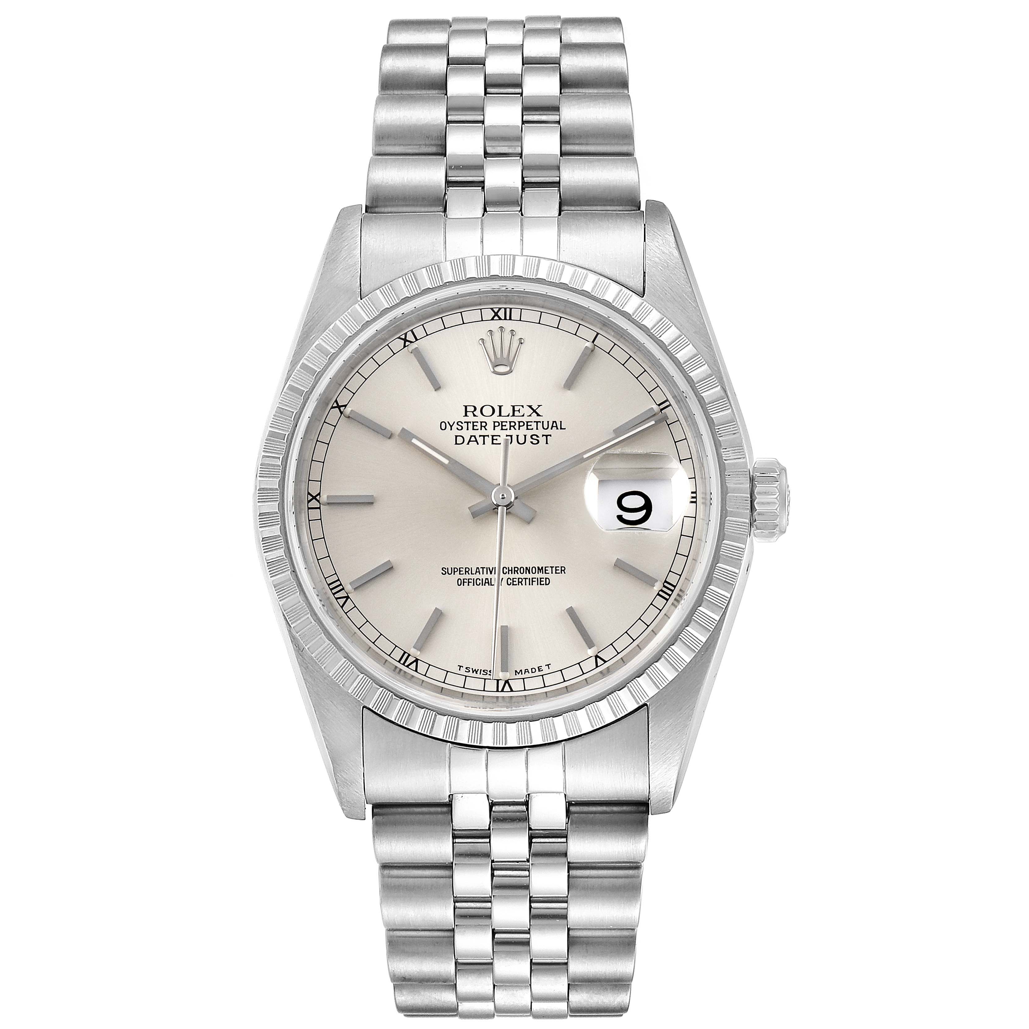 This image shows a frontal view of a Rolex Datejust 16220 Men's Stainless Steel Silver Dial 16220 Men's Stainless Steel Silver Dial watch, displaying its dial, bezel, crown, and bracelet.