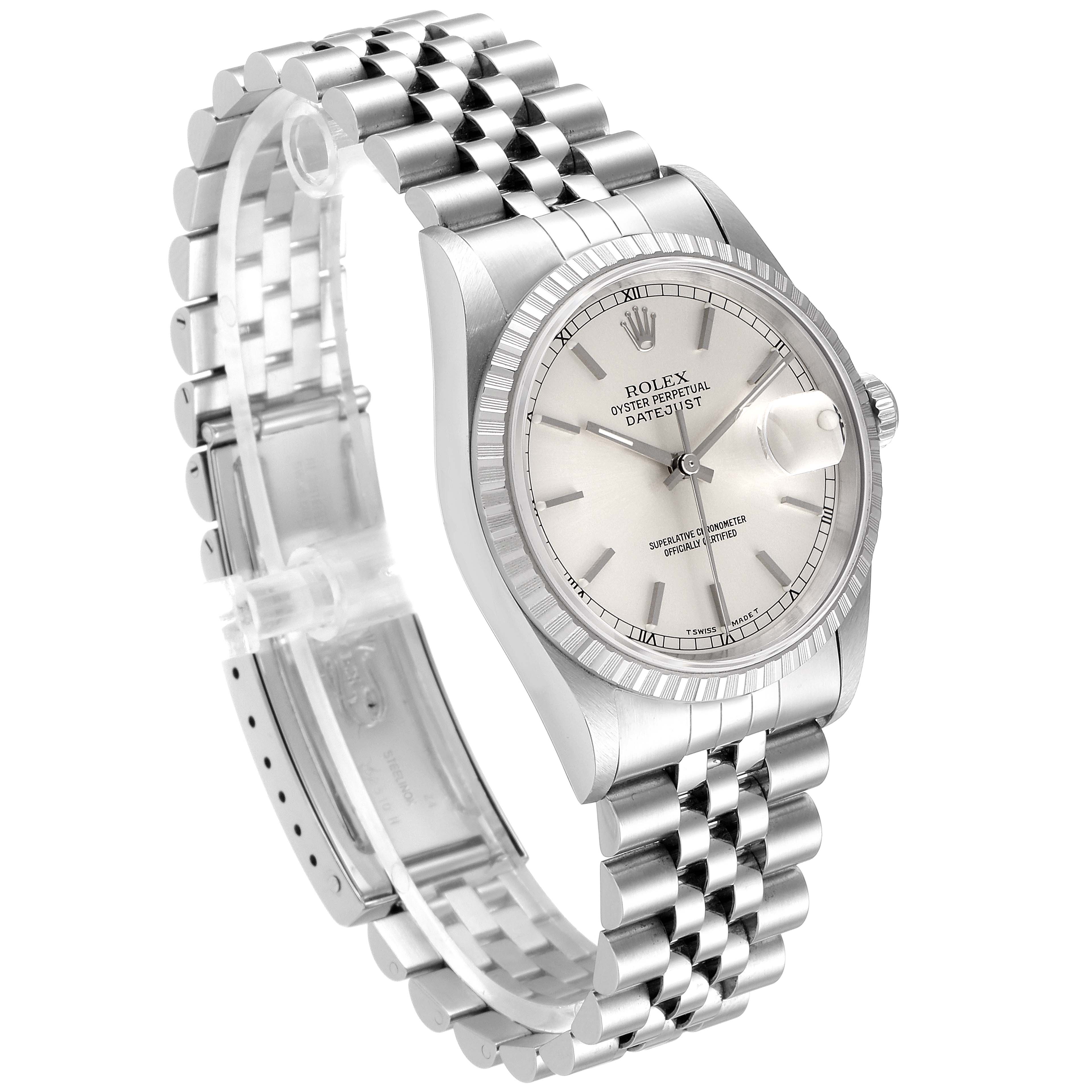 The image shows a front angled view of a Rolex Datejust 16220 Men's Stainless Steel Silver Dial 16220 Men's Stainless Steel Silver Dial watch, displaying its dial, fluted bezel, and Jubilee bracelet.