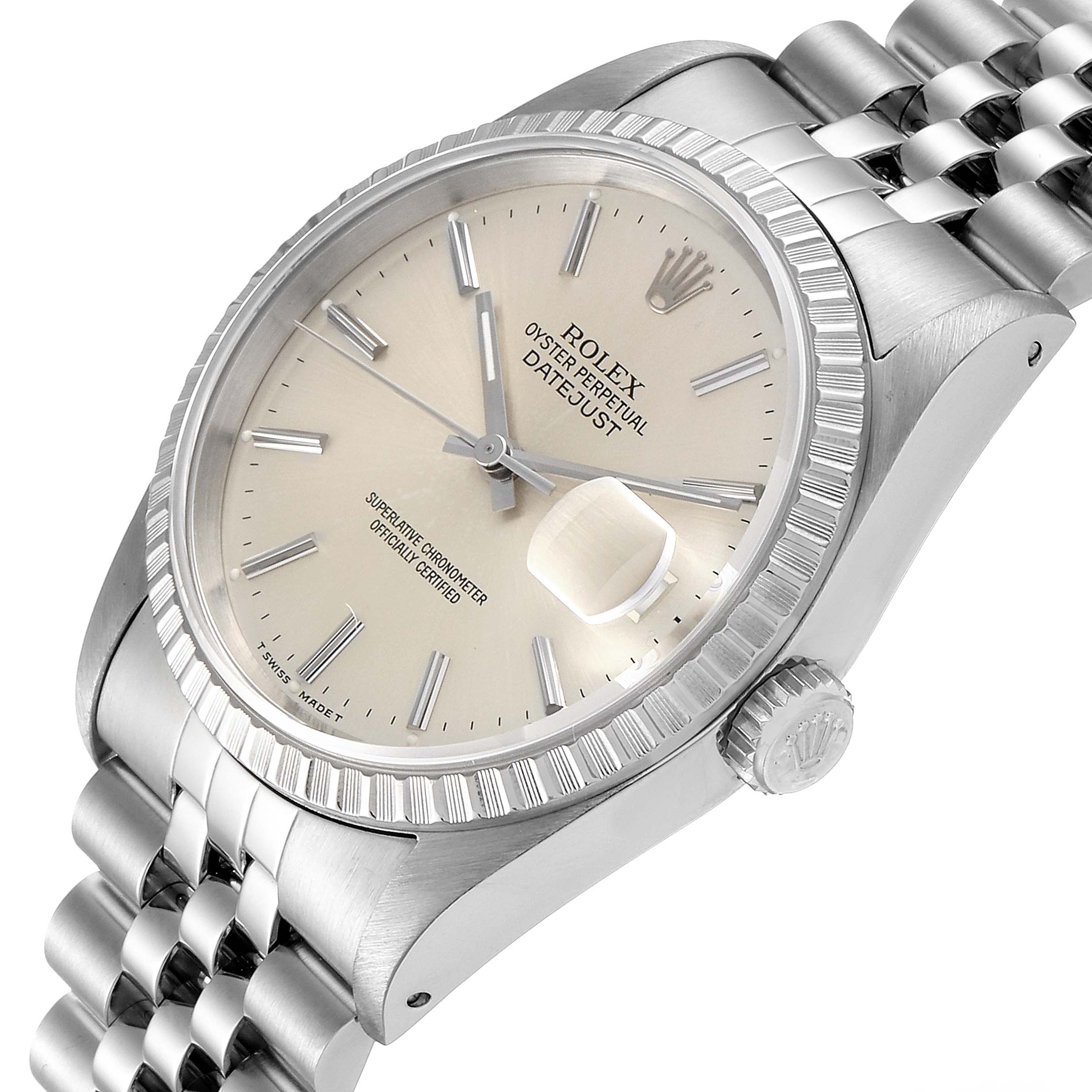 The Rolex Datejust 16220 Men's Stainless Steel Silver Dial 16220 Men's Stainless Steel Silver Dial watch is shown at a slight angle highlighting the dial, bezel, crown, and part of the bracelet.