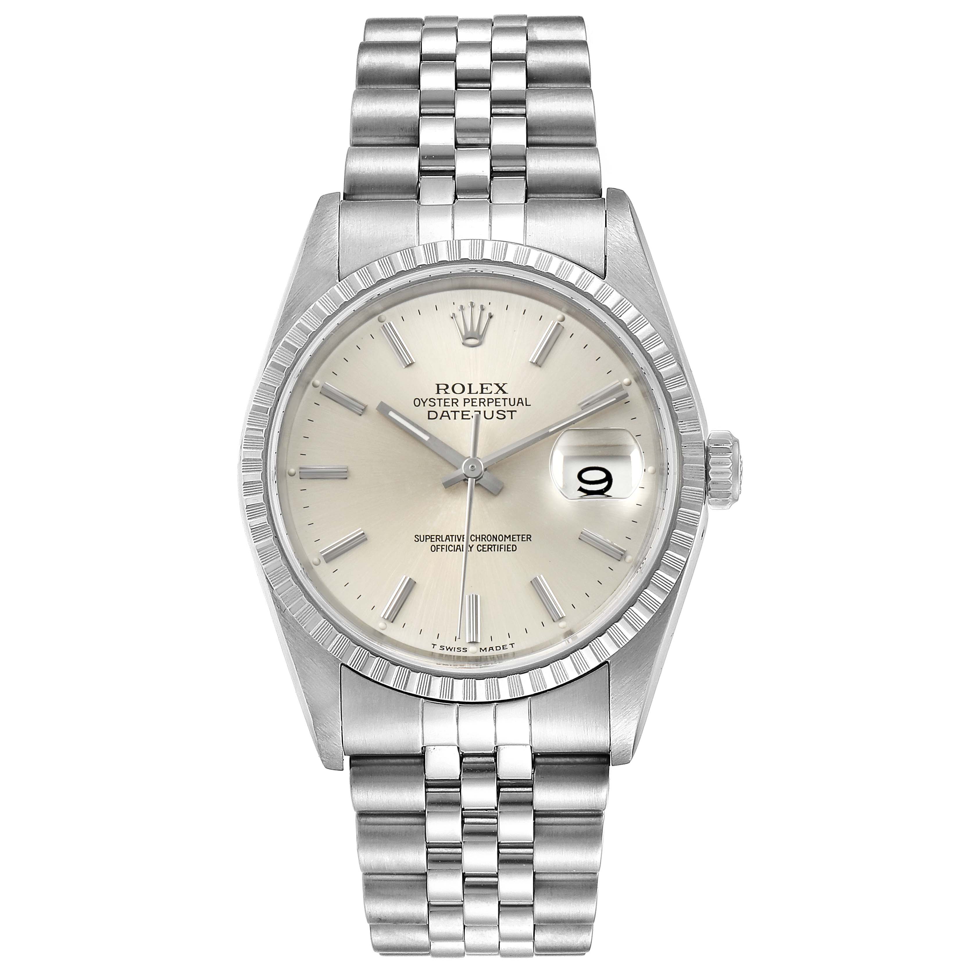 This image shows a front view of a Rolex Datejust 16220 Men's Stainless Steel Silver Dial 16220 Men's Stainless Steel Silver Dial watch, featuring the dial, bezel, and bracelet.
