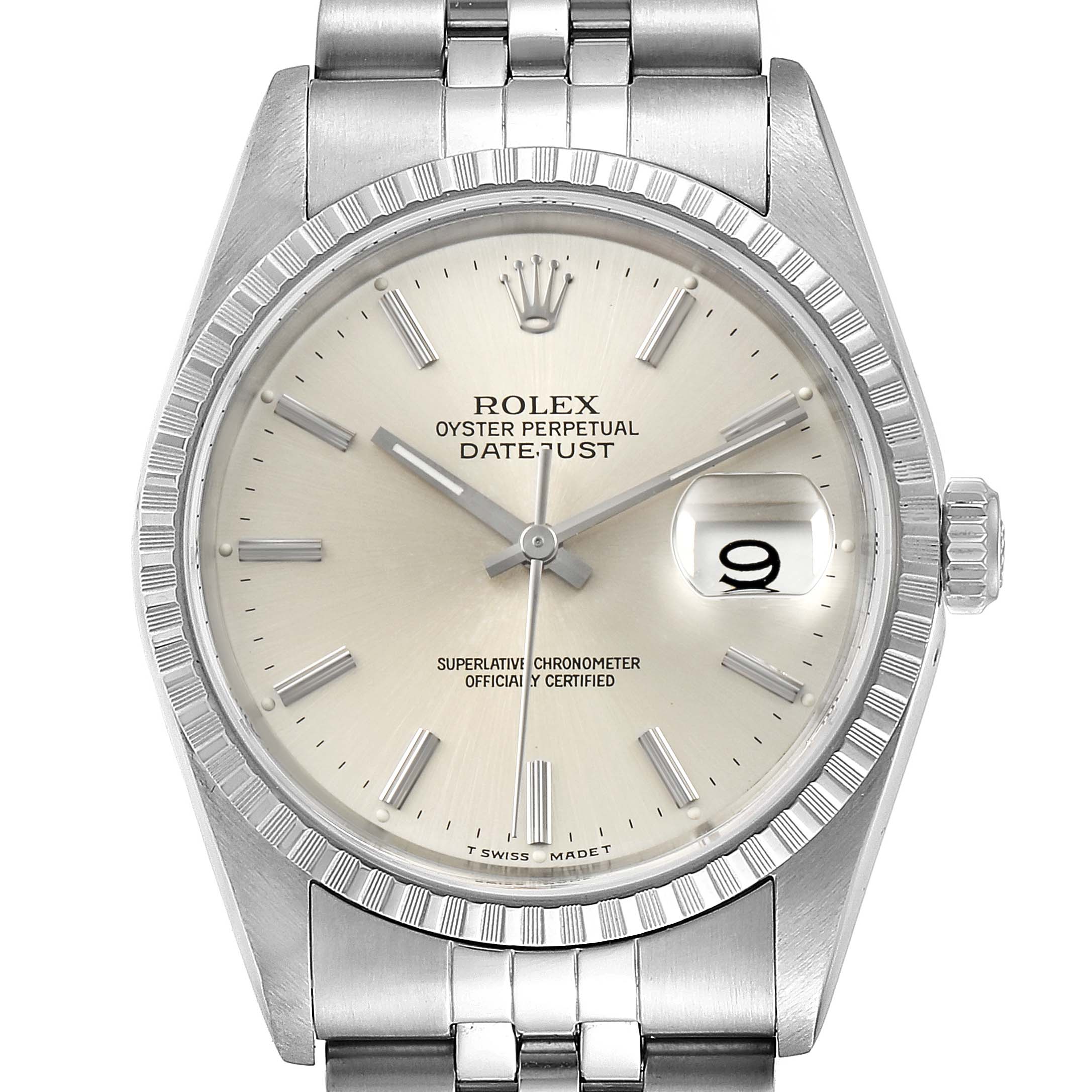 The image shows a front view of the Rolex Datejust 16220 Men's Stainless Steel Silver Dial 16220 Men's Stainless Steel Silver Dial watch, highlighting the dial, hour markers, hands, date window, and bracelet.