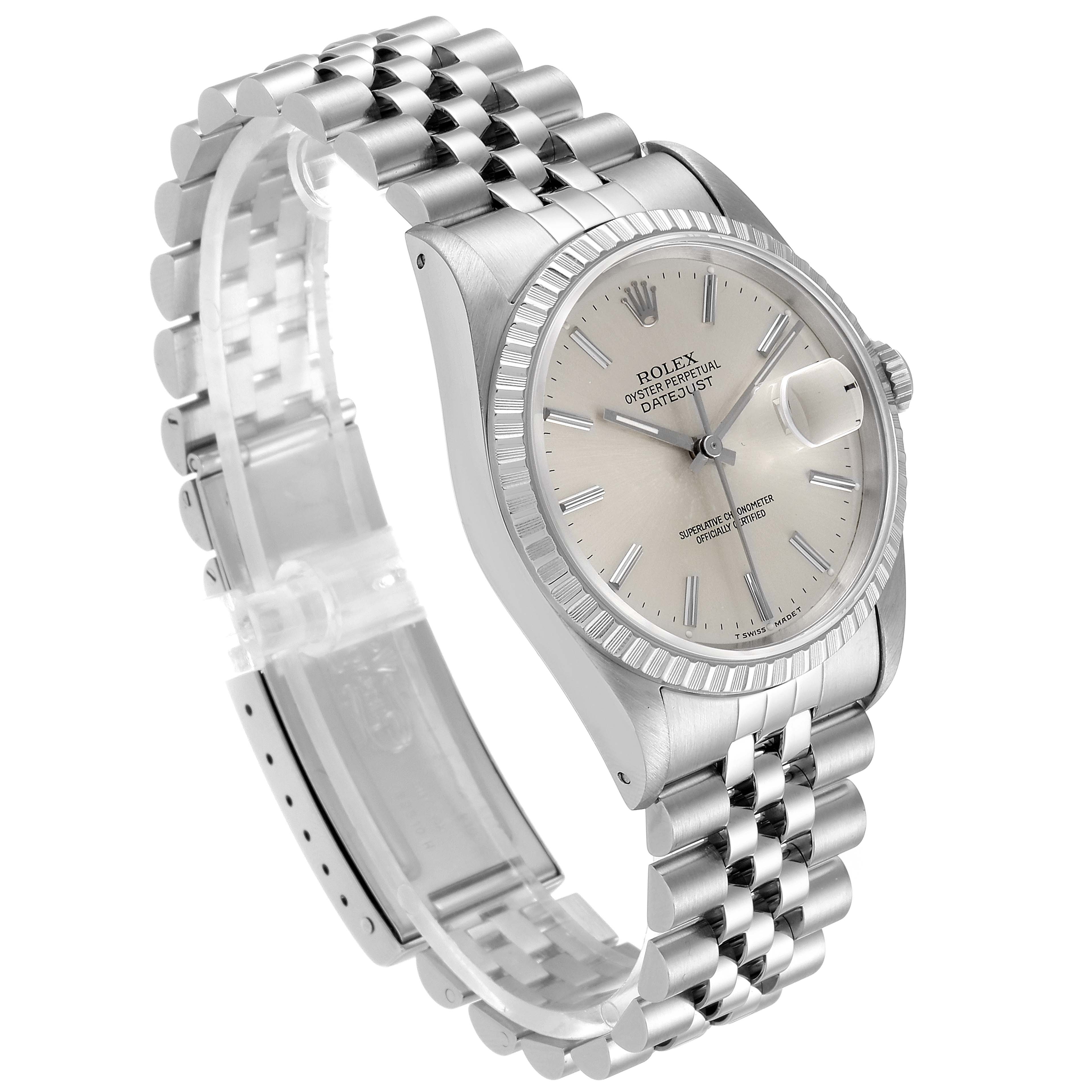 This image shows a Rolex Datejust 16220 Men's Stainless Steel Silver Dial 16220 Men's Stainless Steel Silver Dial watch angled to display its dial, bezel, crown, and bracelet.