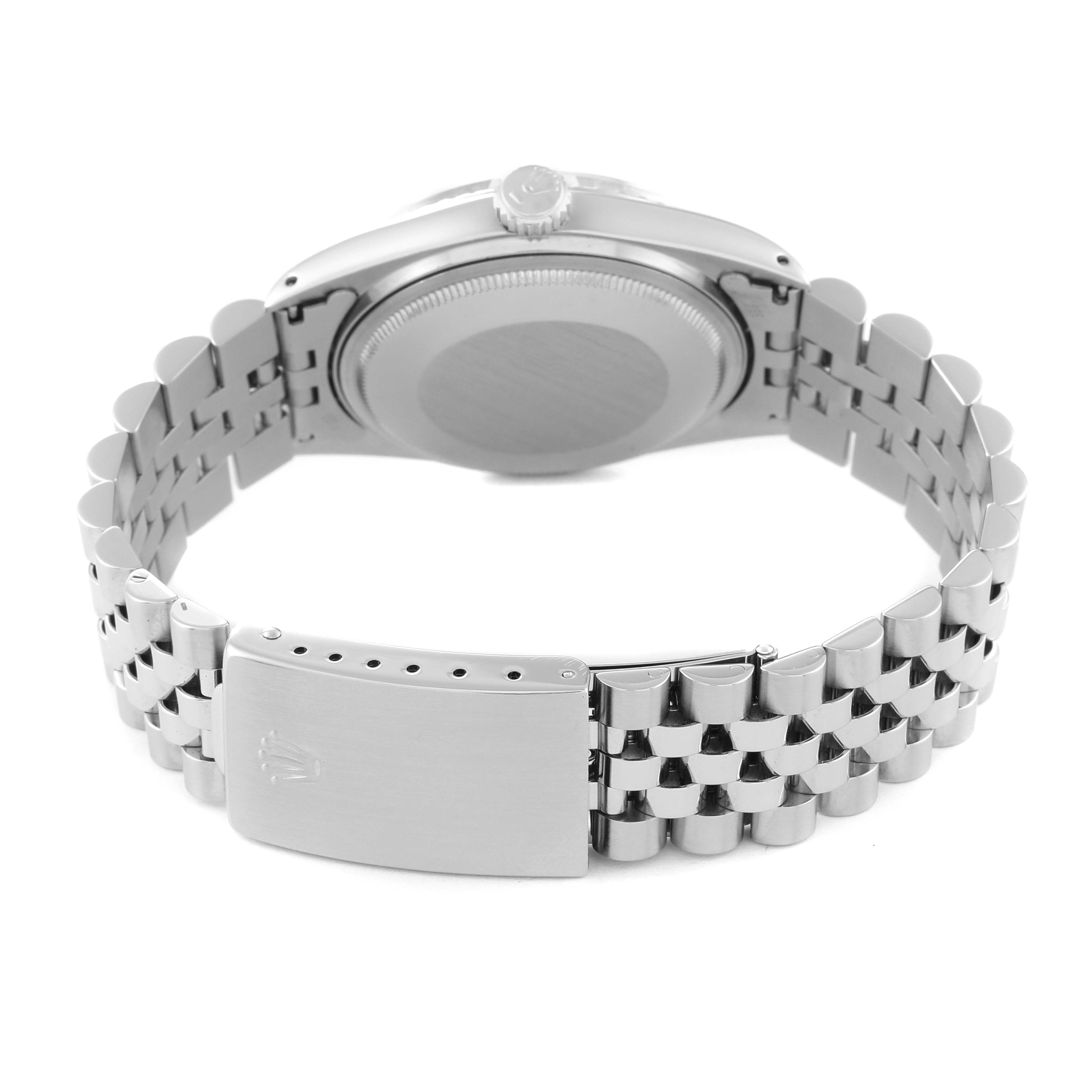 The image shows the bracelet and case back of a Rolex Vintage Collection 1603 Men's Stainless Steel Silver Dial 1603 Men's Stainless Steel Silver Dial model from a rear angle.