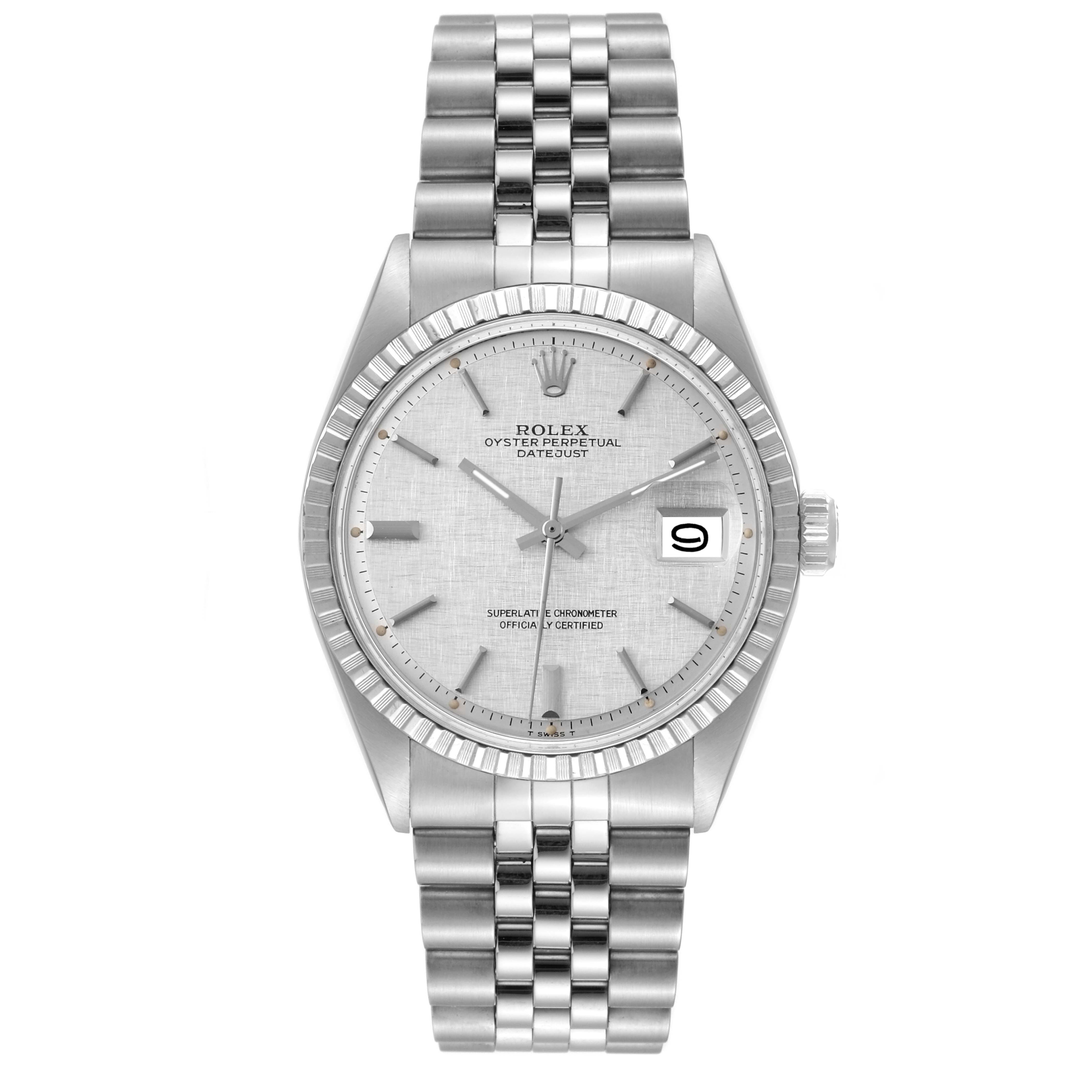 This image shows a frontal view of the Rolex Vintage Collection 1603 Men's Stainless Steel Silver Dial 1603 Men's Stainless Steel Silver Dial model, highlighting its dial, hands, date, bracelet, and bezel.