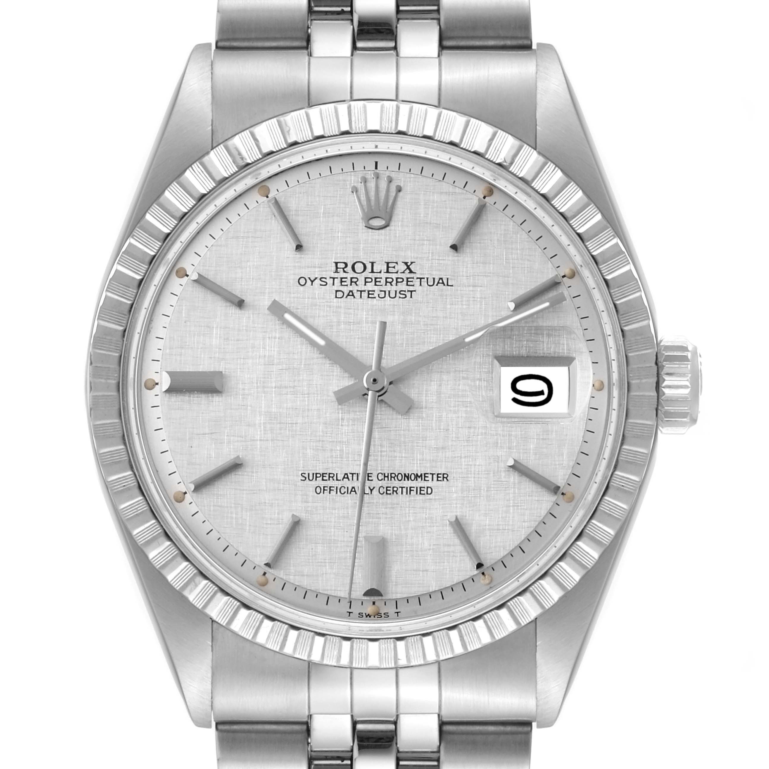 This image shows a front view of the Rolex Oyster Perpetual Datejust Vintage Collection watch, including its face, bezel, and part of the bracelet.