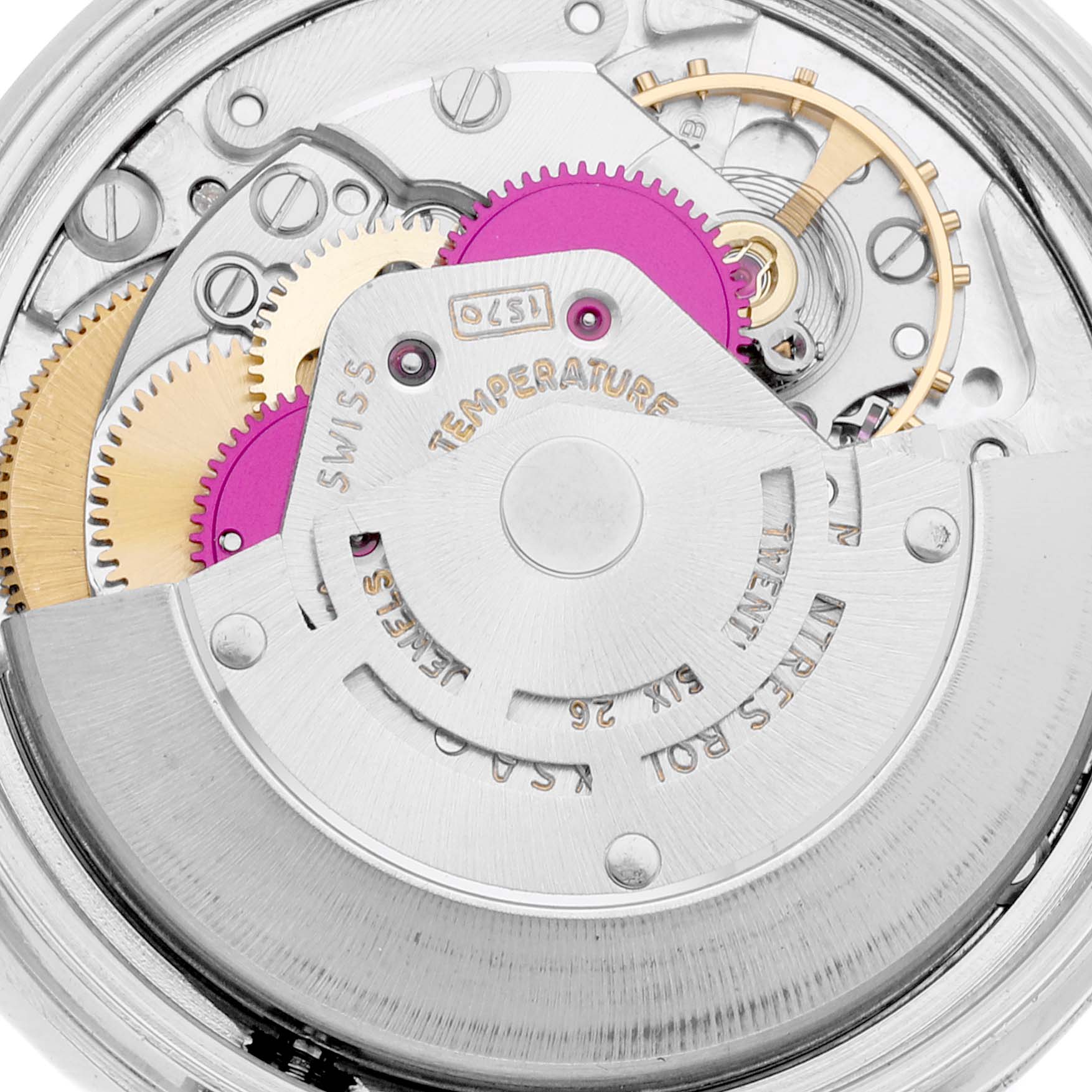 This image shows the internal mechanism of the Rolex Vintage Collection 1603 Men's Stainless Steel Silver Dial 1603 Men's Stainless Steel Silver Dial model from a close-up, detailed angle.