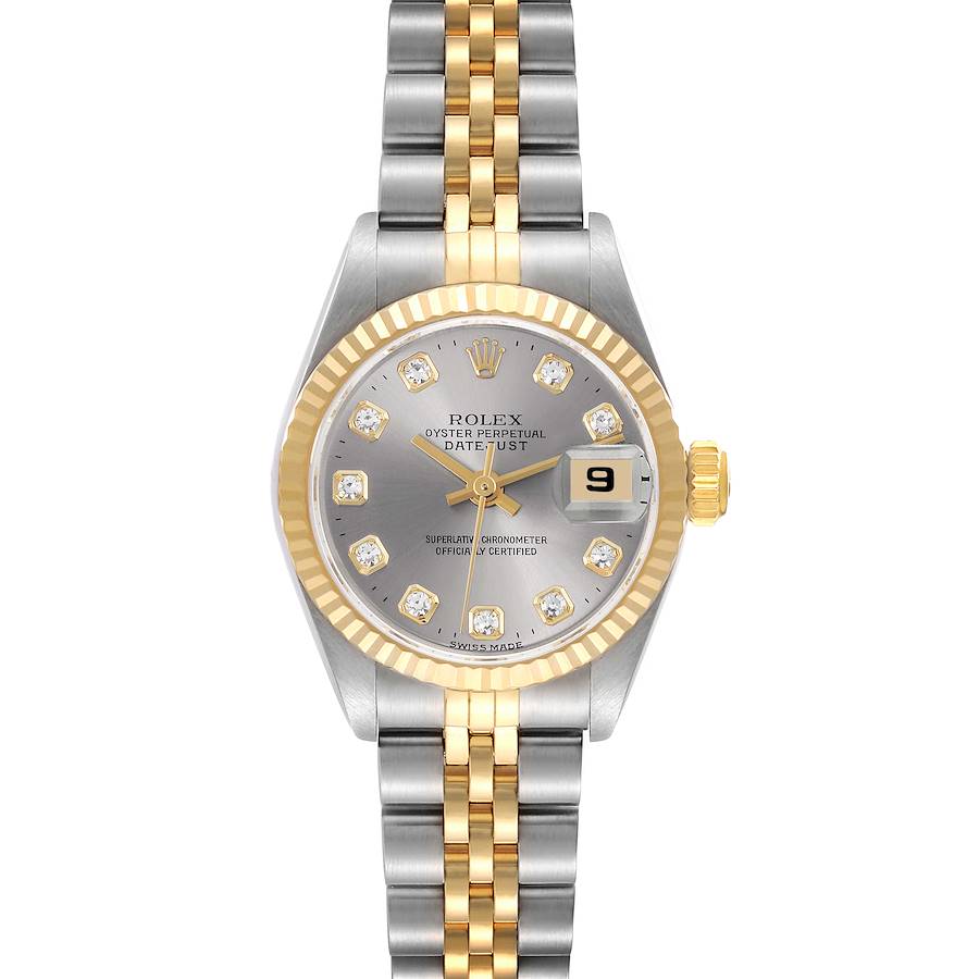 The Rolex Datejust watch is shown from the front, highlighting its face, fluted bezel, and Jubilee bracelet.