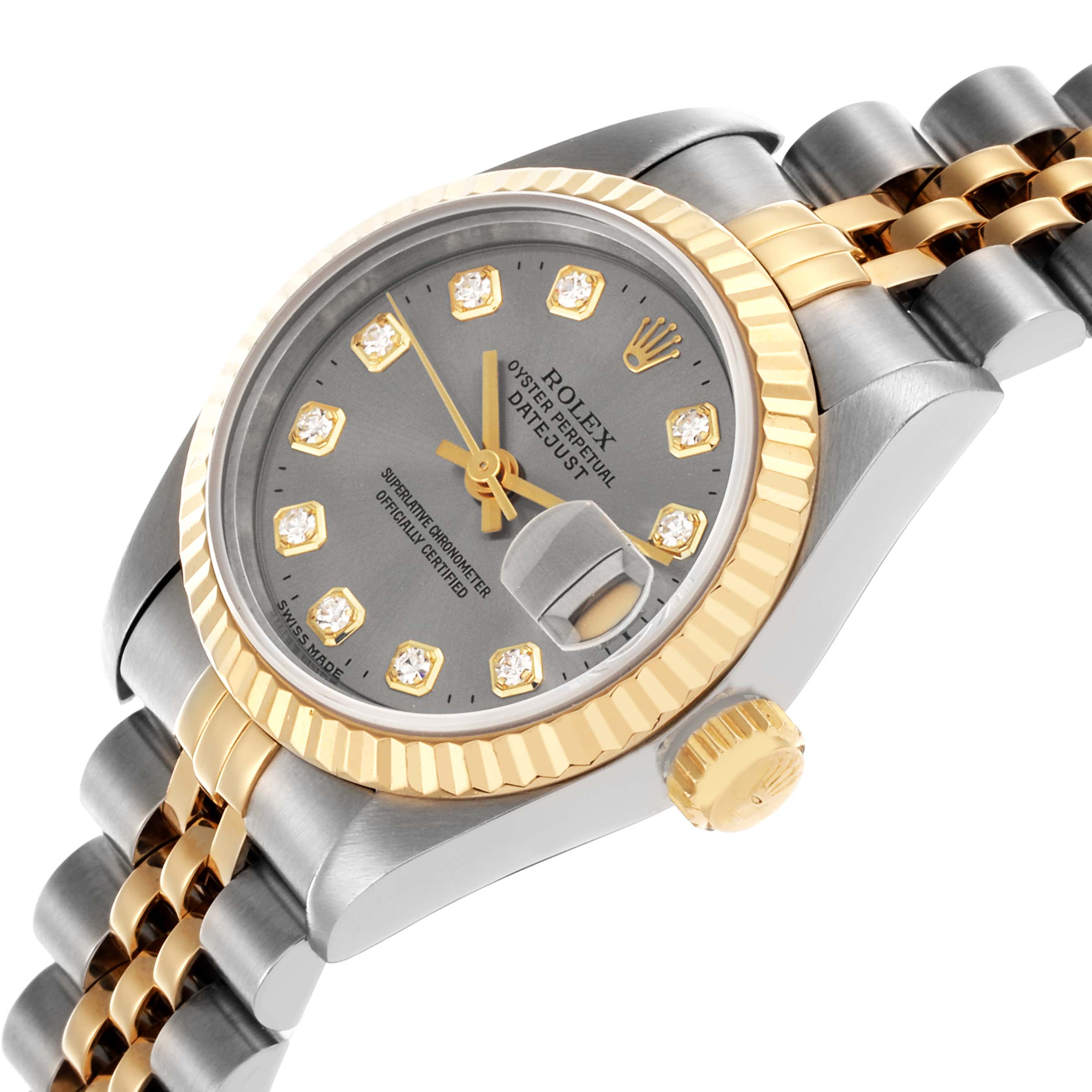 The Rolex Datejust 69173 Women
s Steel and Gold (two tone) Silver Dial 69173 Women
s Steel and Gold (two tone) Silver Dial watch is shown at an angle highlighting the dial, bezel, crown, and part of the bracelet.