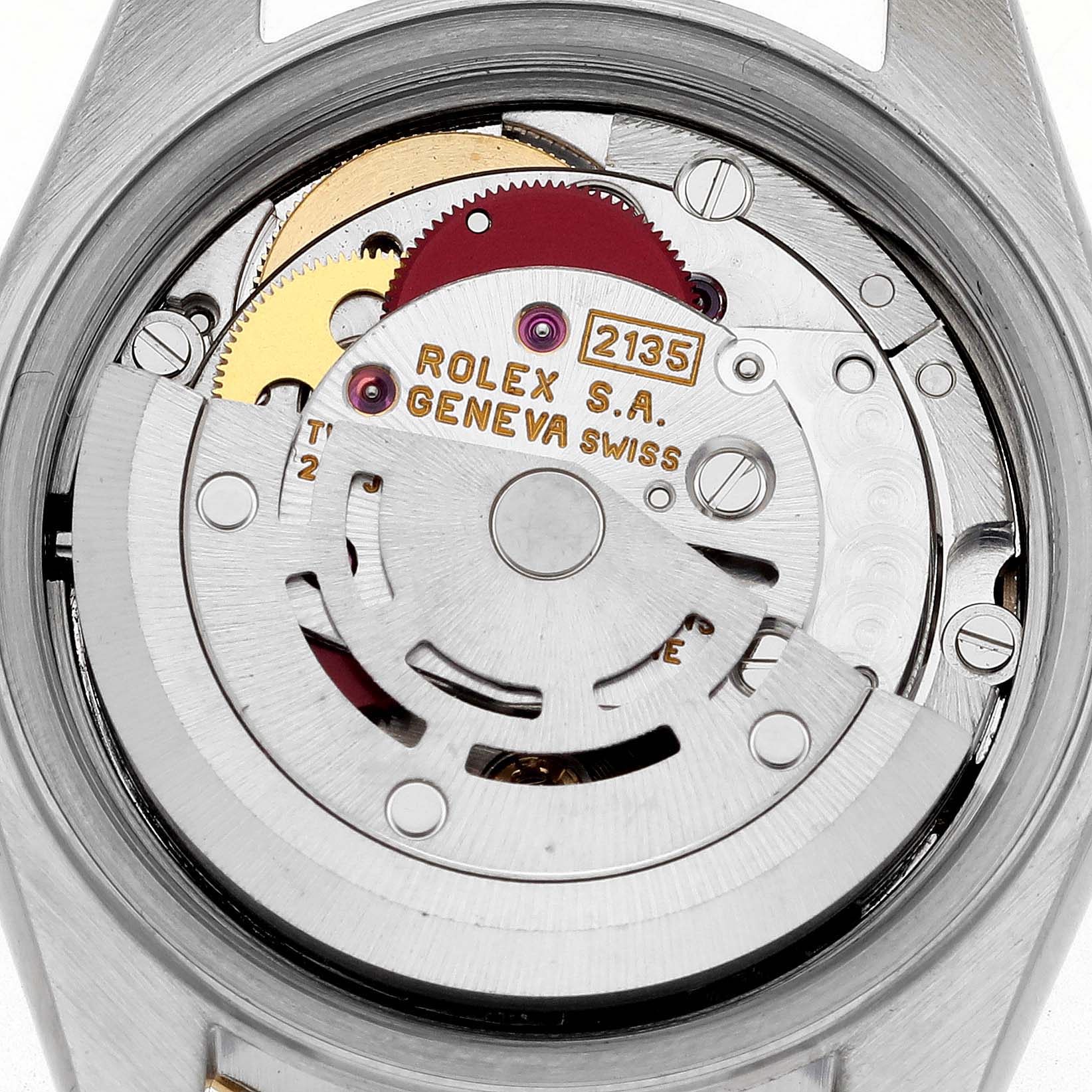 The image shows the movement of a Rolex Datejust 69173 Women
s Steel and Gold (two tone) Silver Dial 69173 Women
s Steel and Gold (two tone) Silver Dial from a top-down angle, highlighting the intricate gears and components.