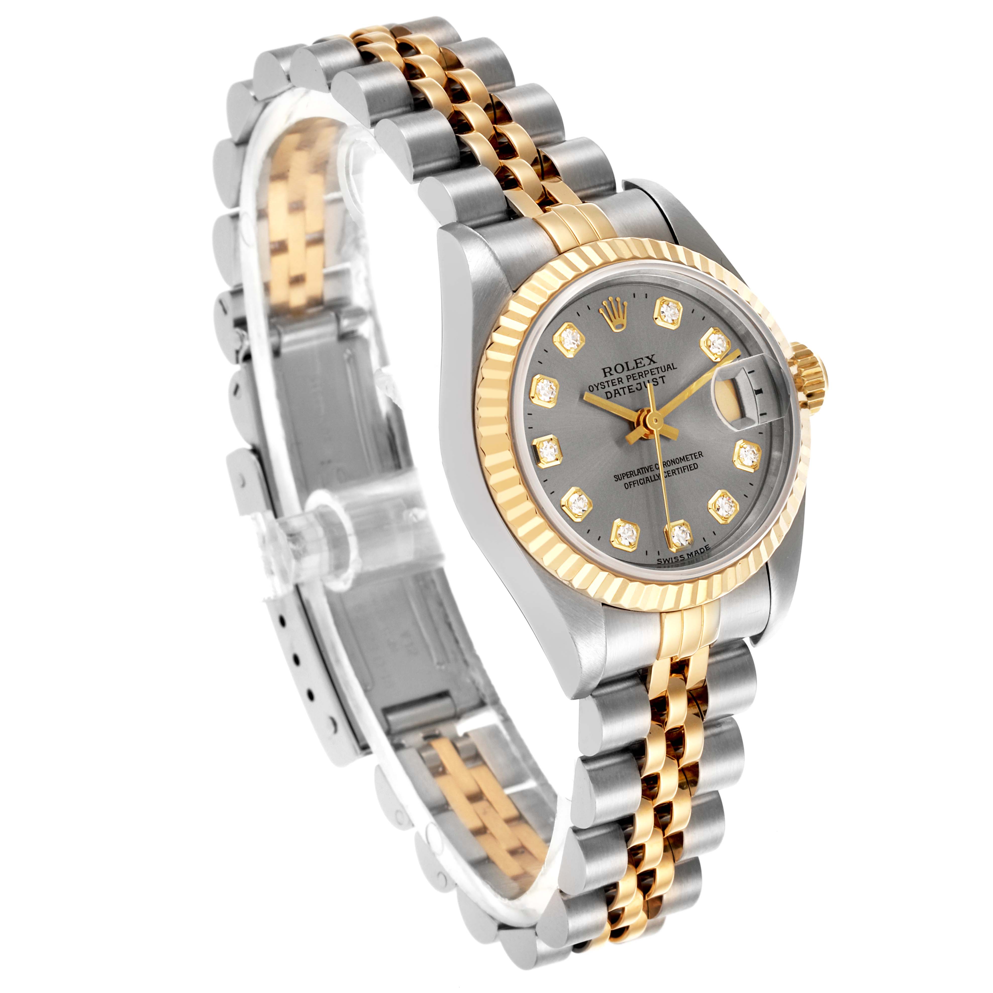 The Rolex Datejust 69173 Women
s Steel and Gold (two tone) Silver Dial 69173 Women
s Steel and Gold (two tone) Silver Dial watch is shown at a three-quarter angle, displaying the face, case, and two-tone bracelet.