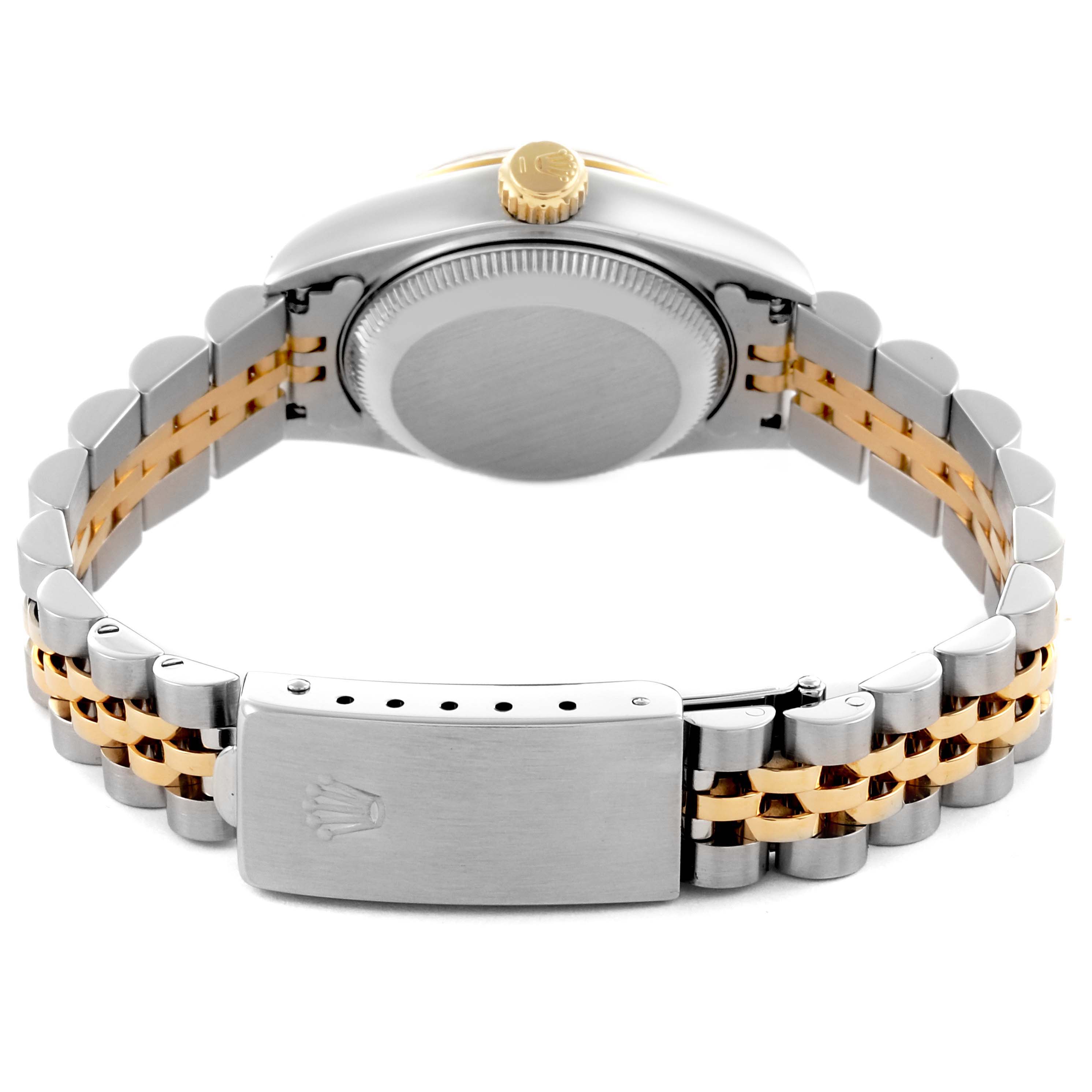 The image shows the back case and bracelet clasp of the Rolex Datejust 69173 Women
s Steel and Gold (two tone) Silver Dial 69173 Women
s Steel and Gold (two tone) Silver Dial, viewed from the rear.