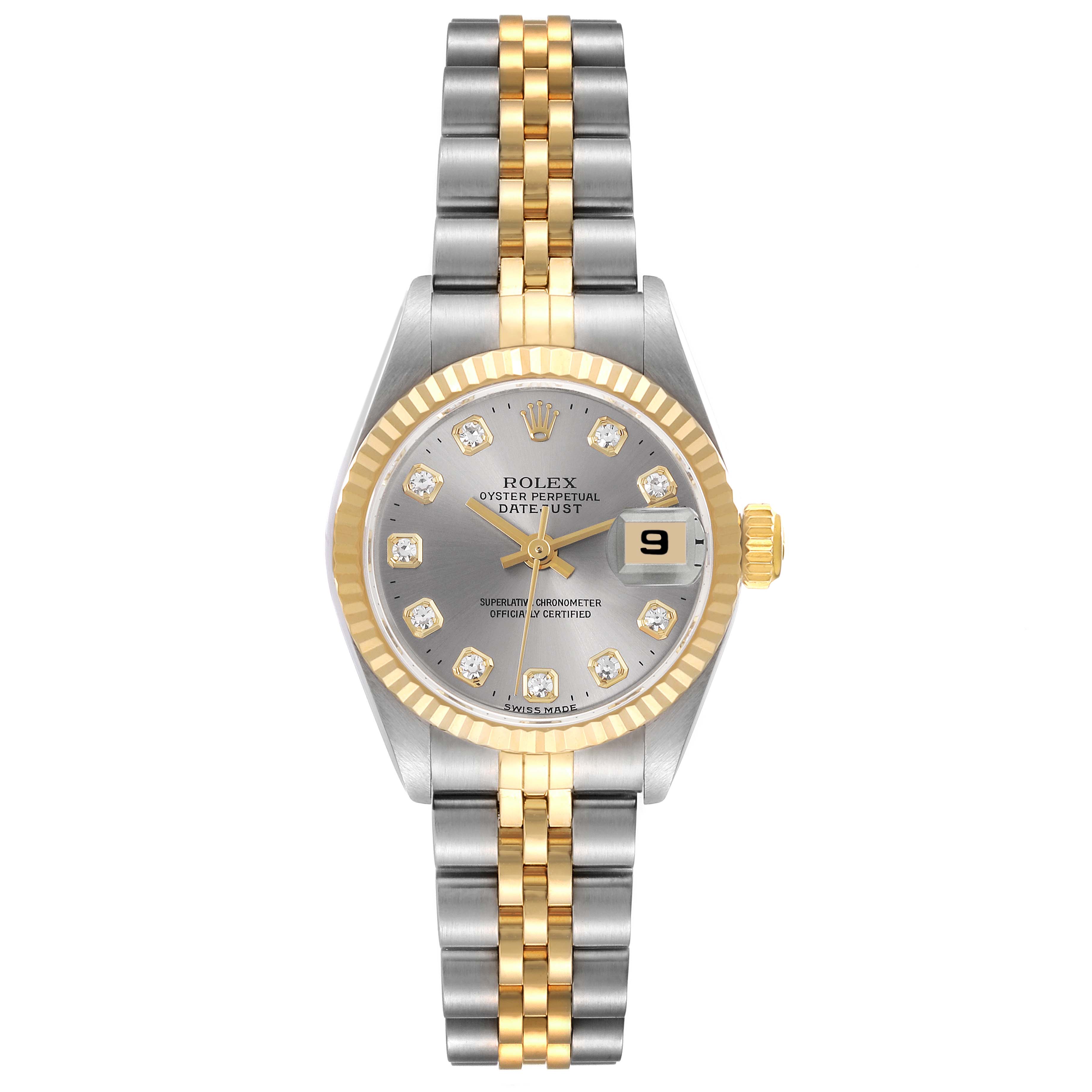 The Rolex Datejust 69173 Women
s Steel and Gold (two tone) Silver Dial 69173 Women
s Steel and Gold (two tone) Silver Dial watch is shown from a top view, highlighting its dial, fluted bezel, two-tone bracelet, and date window.