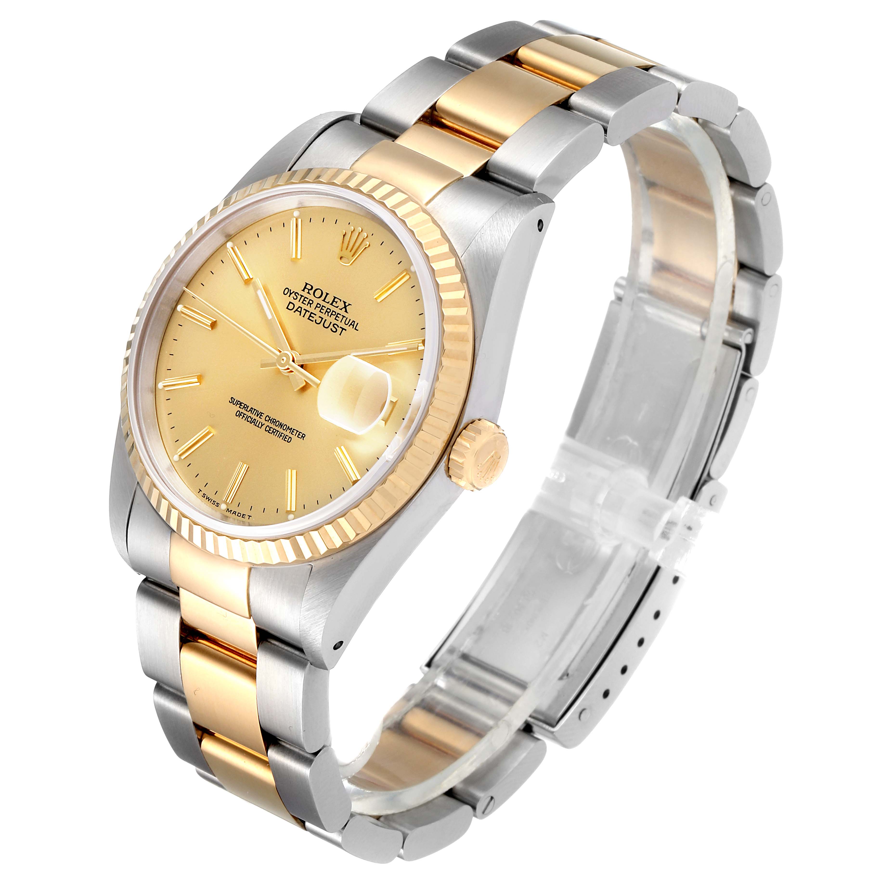 This Rolex Datejust 16233 Men's Steel and Gold (two tone) Champagne Dial 16233 Men's Steel and Gold (two tone) Champagne Dial watch is shown at an angle, highlighting its two-tone bracelet, champagne dial, and fluted bezel.