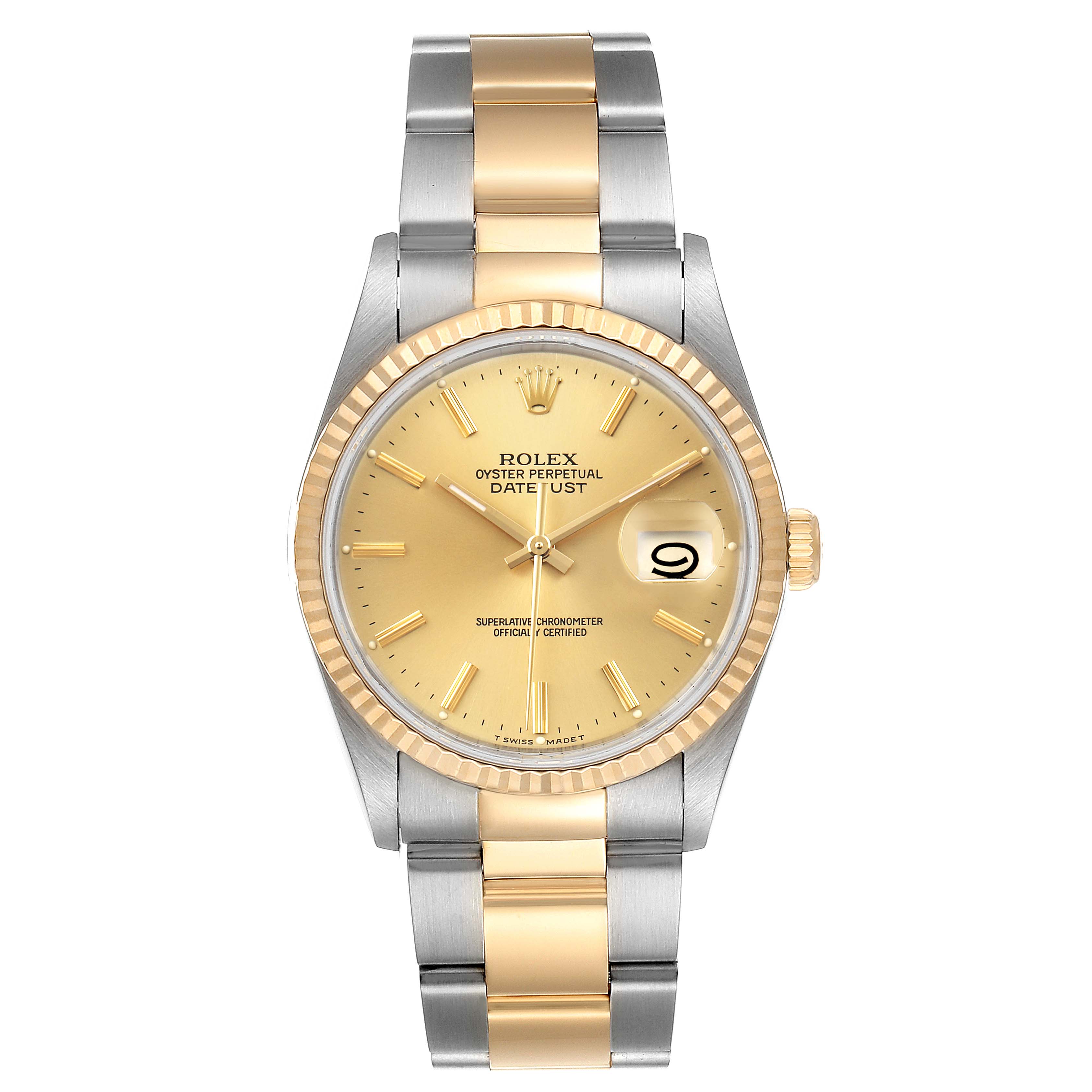 The image shows a frontal view of a Rolex Datejust 16233 Men's Steel and Gold (two tone) Champagne Dial 16233 Men's Steel and Gold (two tone) Champagne Dial watch, including the dial, bezel, bracelet, and crown.