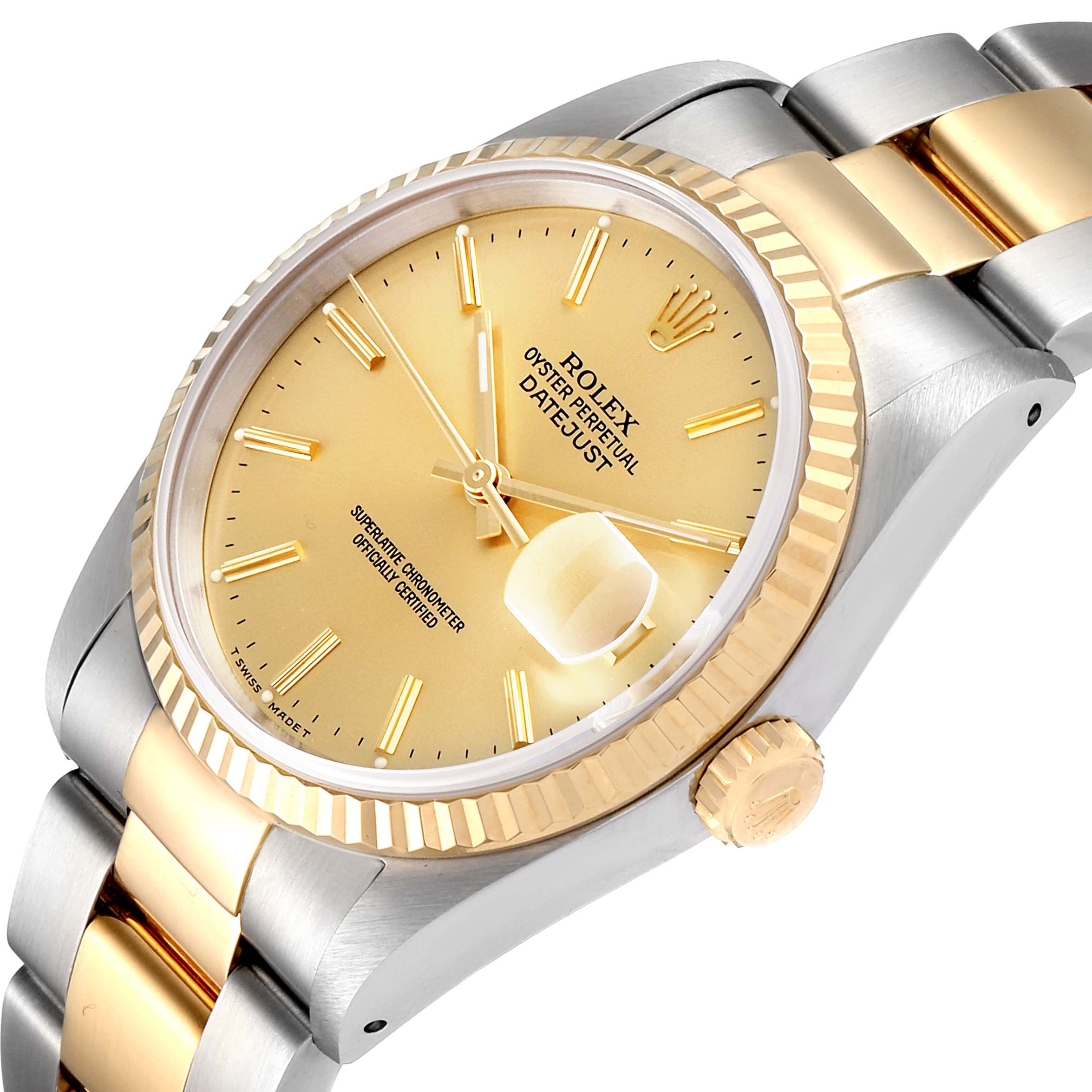 The Rolex Datejust 16233 Men's Steel and Gold (two tone) Champagne Dial 16233 Men's Steel and Gold (two tone) Champagne Dial watch is shown at an angled view highlighting its gold dial, fluted bezel, crown, and two-tone bracelet.