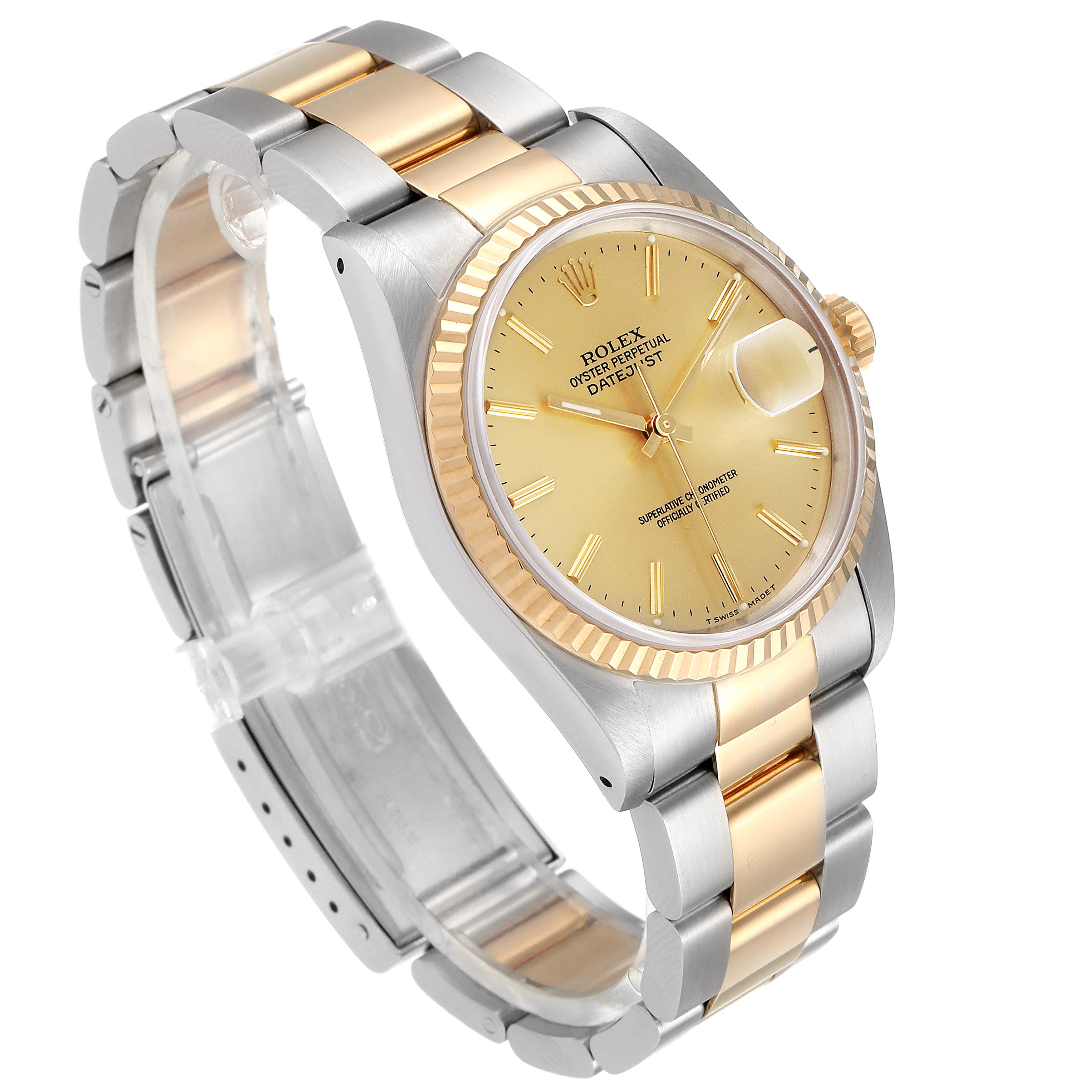 The image shows a Rolex Datejust 16233 Men's Steel and Gold (two tone) Champagne Dial 16233 Men's Steel and Gold (two tone) Champagne Dial watch at a three-quarter angle, highlighting the dial, bezel, and two-tone bracelet.