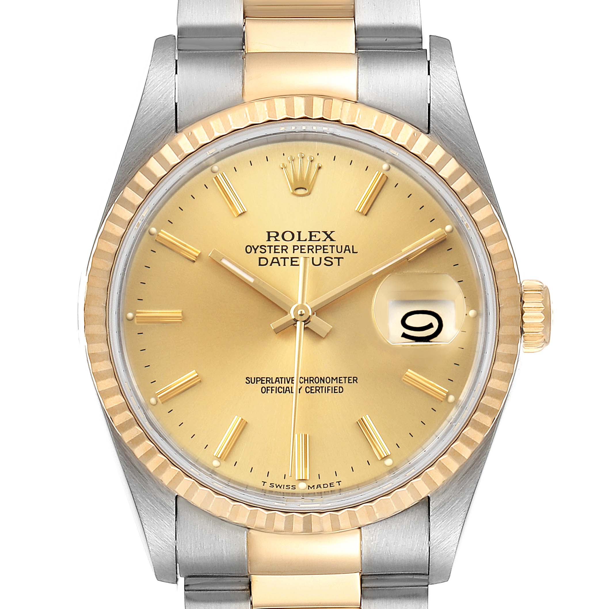 The image shows a front view of a Rolex Datejust 16233 Men's Steel and Gold (two tone) Champagne Dial 16233 Men's Steel and Gold (two tone) Champagne Dial watch, highlighting the dial, bezel, hands, and bracelet.