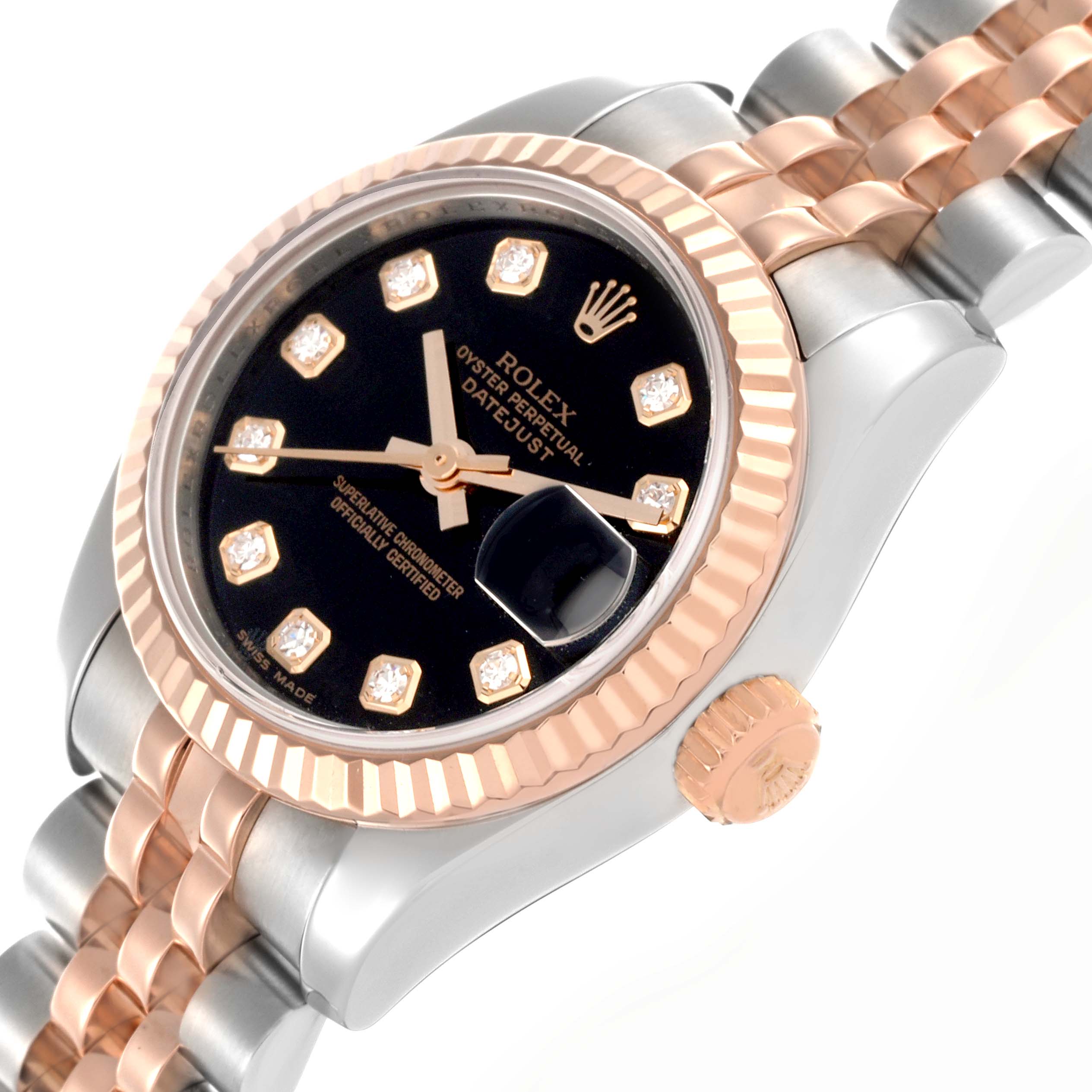 The Rolex Datejust 179171 Women's Steel and Gold (two tone) Black Dial 179171 Women's Steel and Gold (two tone) Black Dial watch is shown at an angled view, highlighting the dial, fluted bezel, and part of the bracelet.