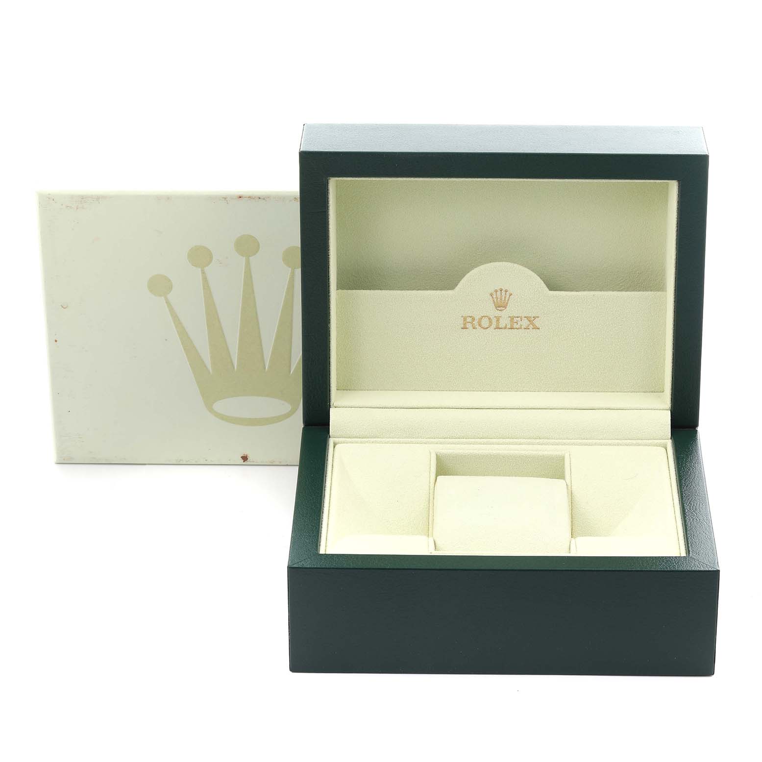 The image shows an open Rolex Datejust 179171 Women's Steel and Gold (two tone) Black Dial 179171 Women's Steel and Gold (two tone) Black Dial watch box and outer protective box, viewed from the front.