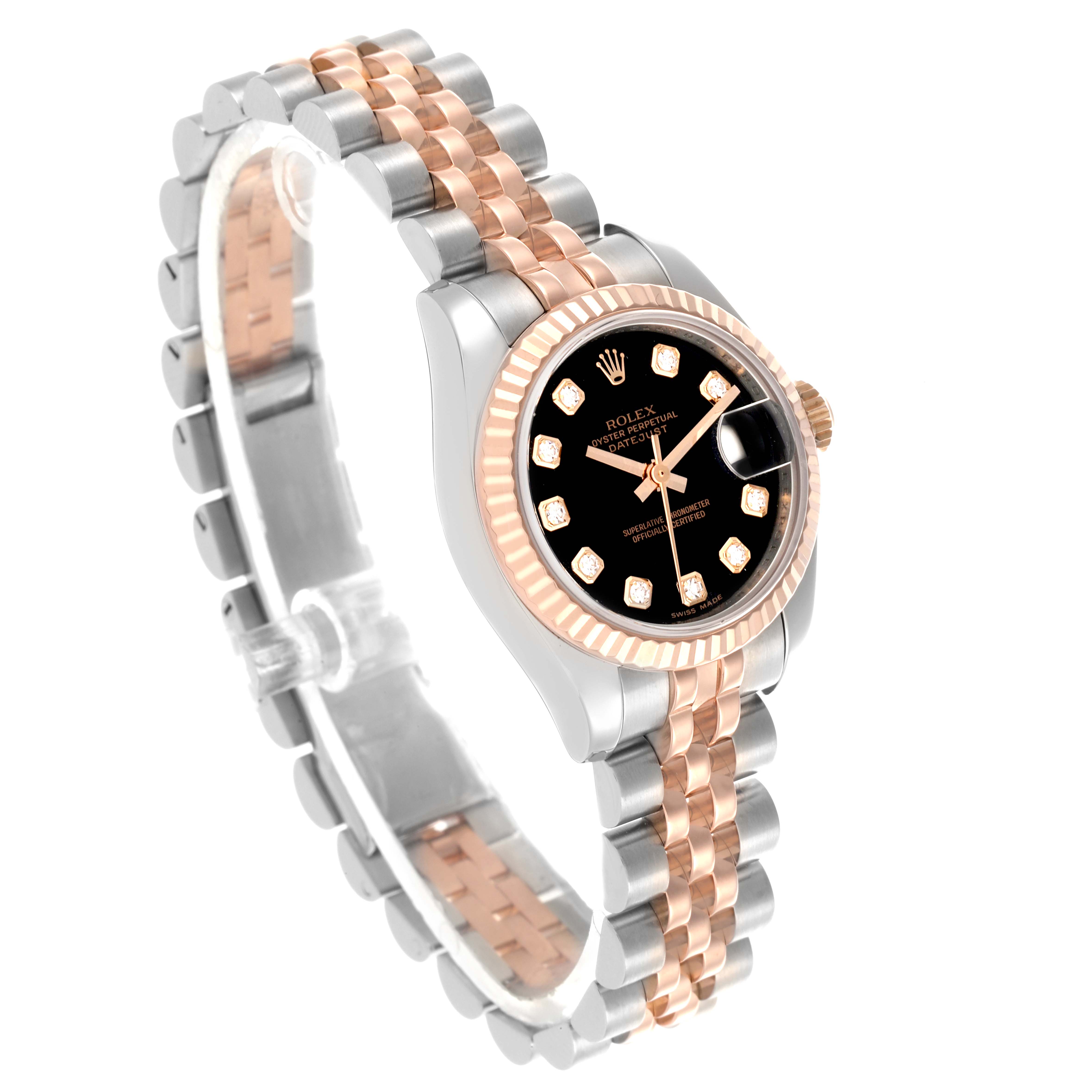 The Rolex Datejust 179171 Women's Steel and Gold (two tone) Black Dial 179171 Women's Steel and Gold (two tone) Black Dial watch is shown at an angled side view, highlighting the black dial, fluted bezel, and two-tone bracelet.