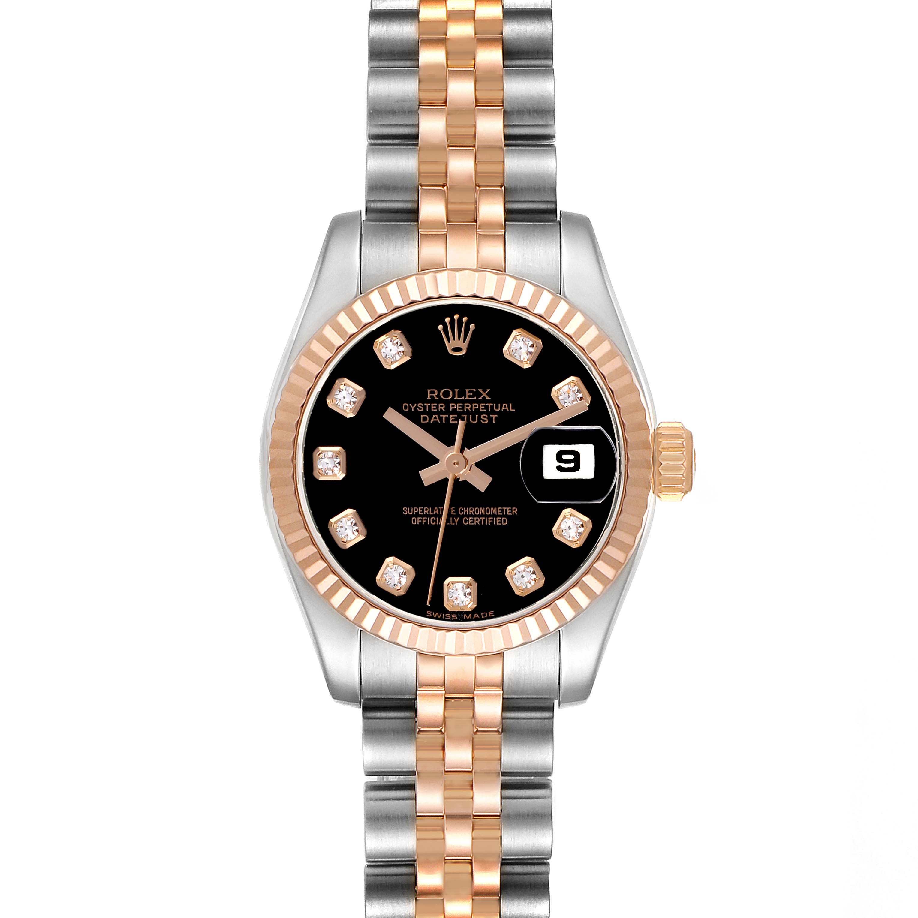The Rolex Datejust 179171 Women's Steel and Gold (two tone) Black Dial 179171 Women's Steel and Gold (two tone) Black Dial watch is shown from a front angle, highlighting the dial, bezel, and two-tone bracelet.