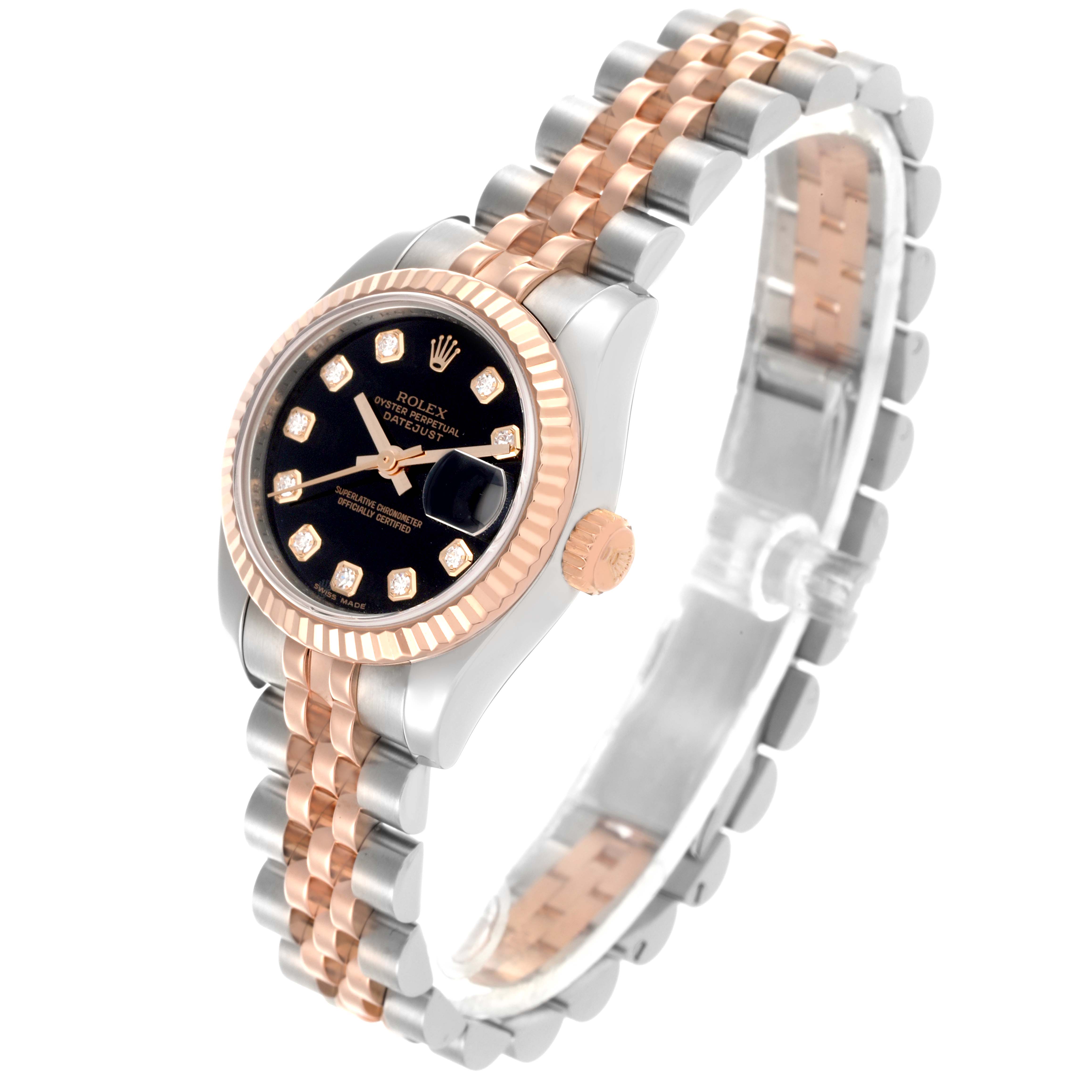 The Rolex Datejust 179171 Women's Steel and Gold (two tone) Black Dial 179171 Women's Steel and Gold (two tone) Black Dial is shown at an angle, highlighting its black dial, fluted bezel, and two-tone bracelet.