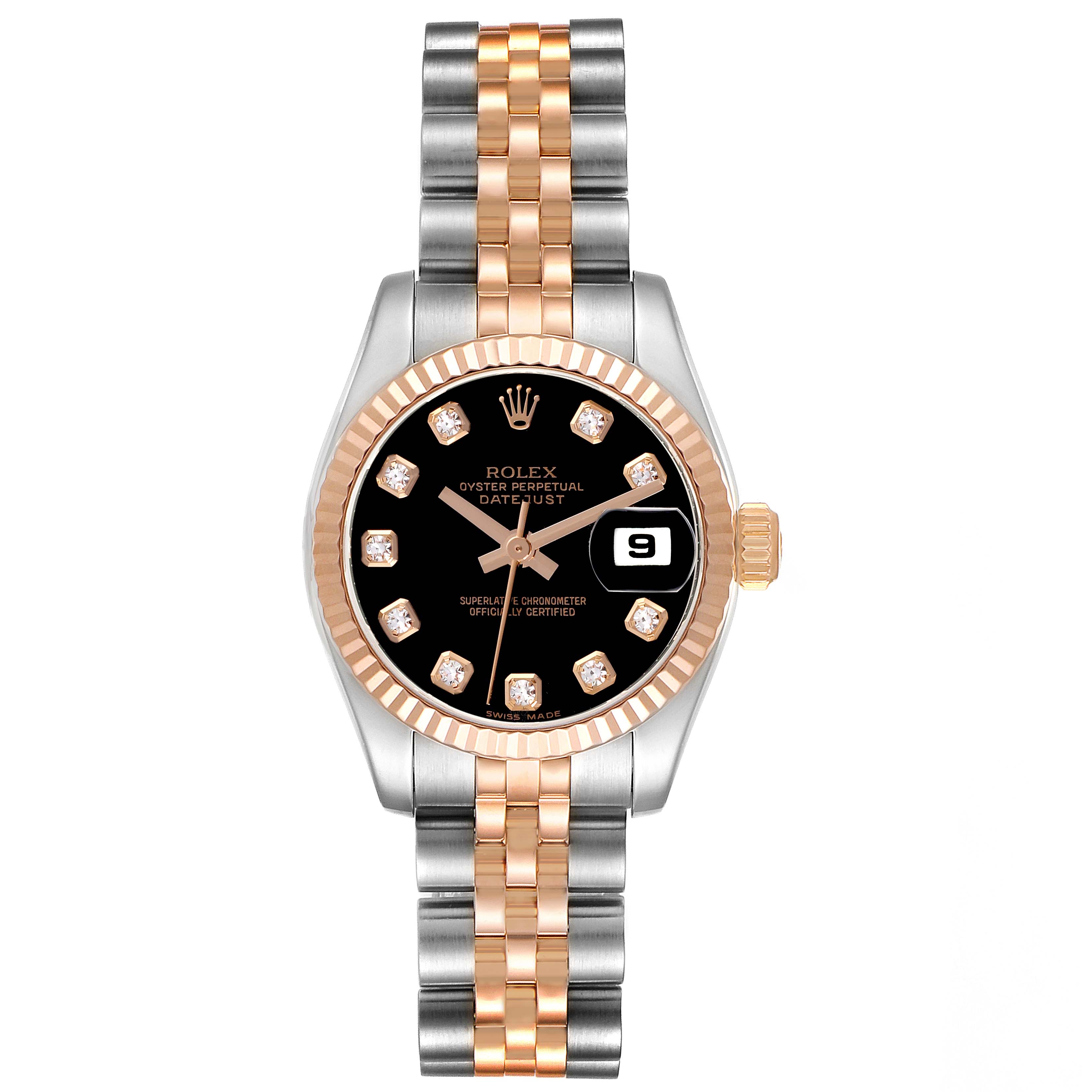 The Rolex Datejust 179171 Women's Steel and Gold (two tone) Black Dial 179171 Women's Steel and Gold (two tone) Black Dial watch is shown from a front angle, highlighting the face, bezel, and bracelet.