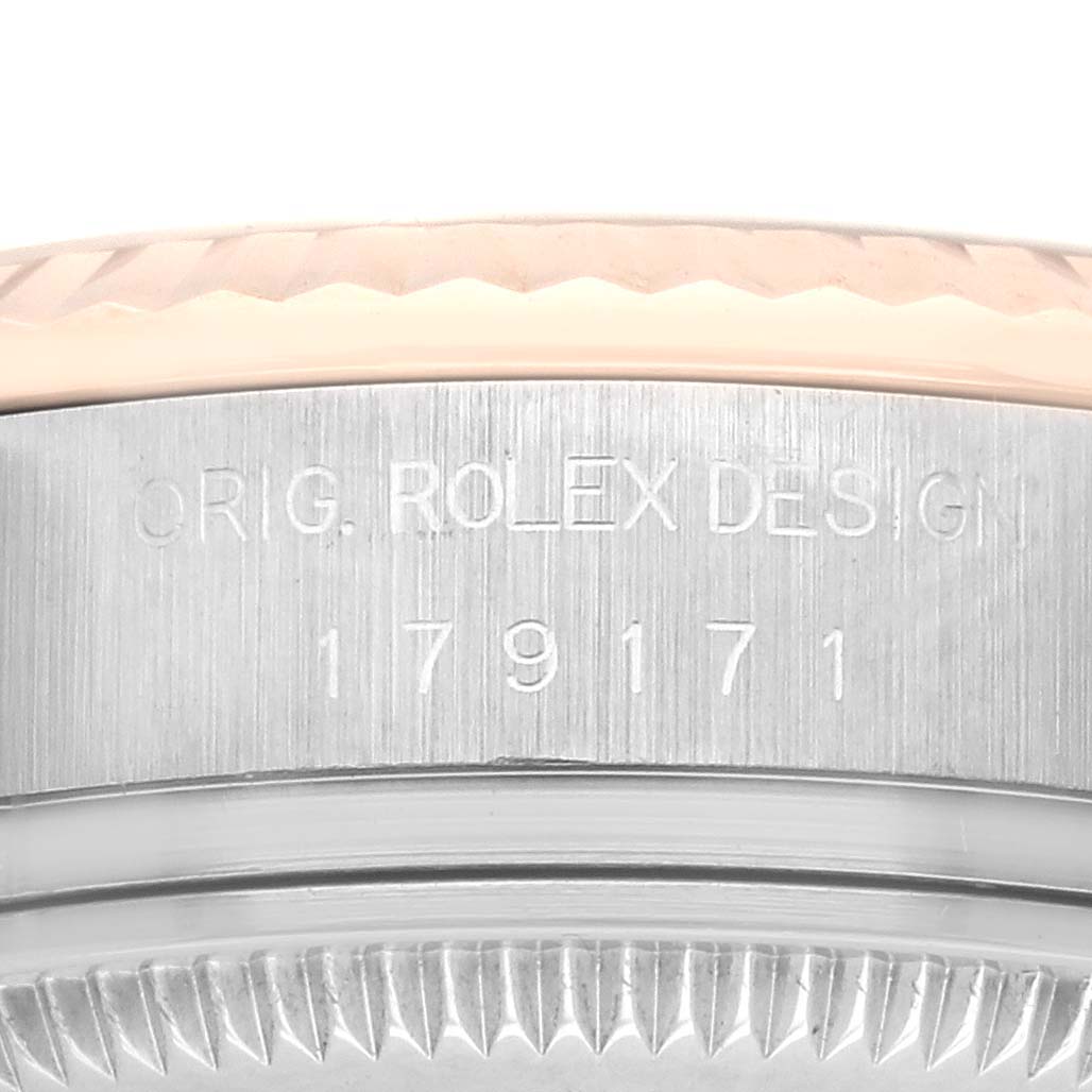 The image shows a close-up of the engraved side of the Rolex Datejust 179171 Women's Steel and Gold (two tone) Black Dial 179171 Women's Steel and Gold (two tone) Black Dial case with visible model and design numbers.