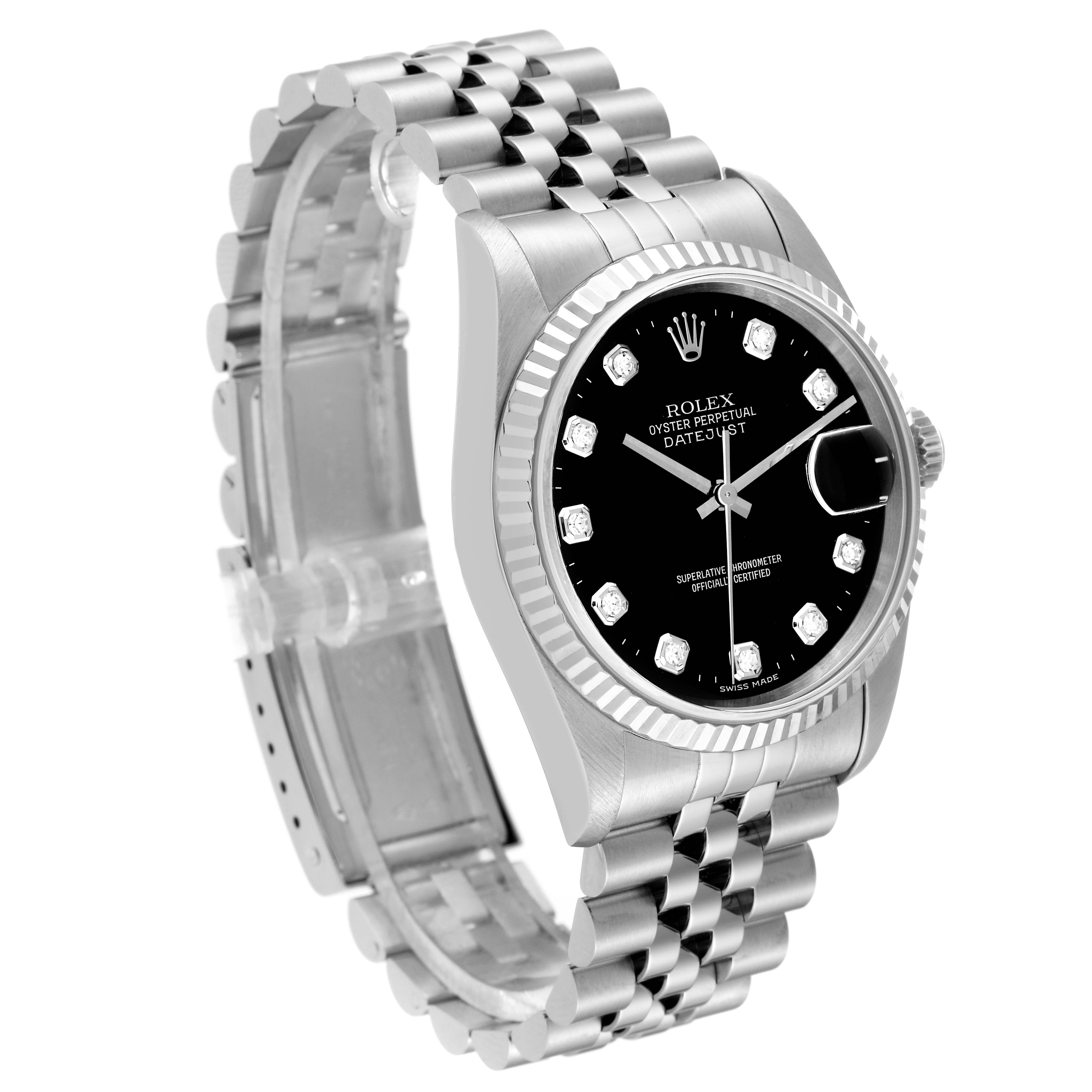 The image shows a side angle of the Rolex Datejust 16234G Men's Stainless Steel Black Dial 16234G Men's Stainless Steel Black Dial watch, highlighting the face, bezel, and bracelet.