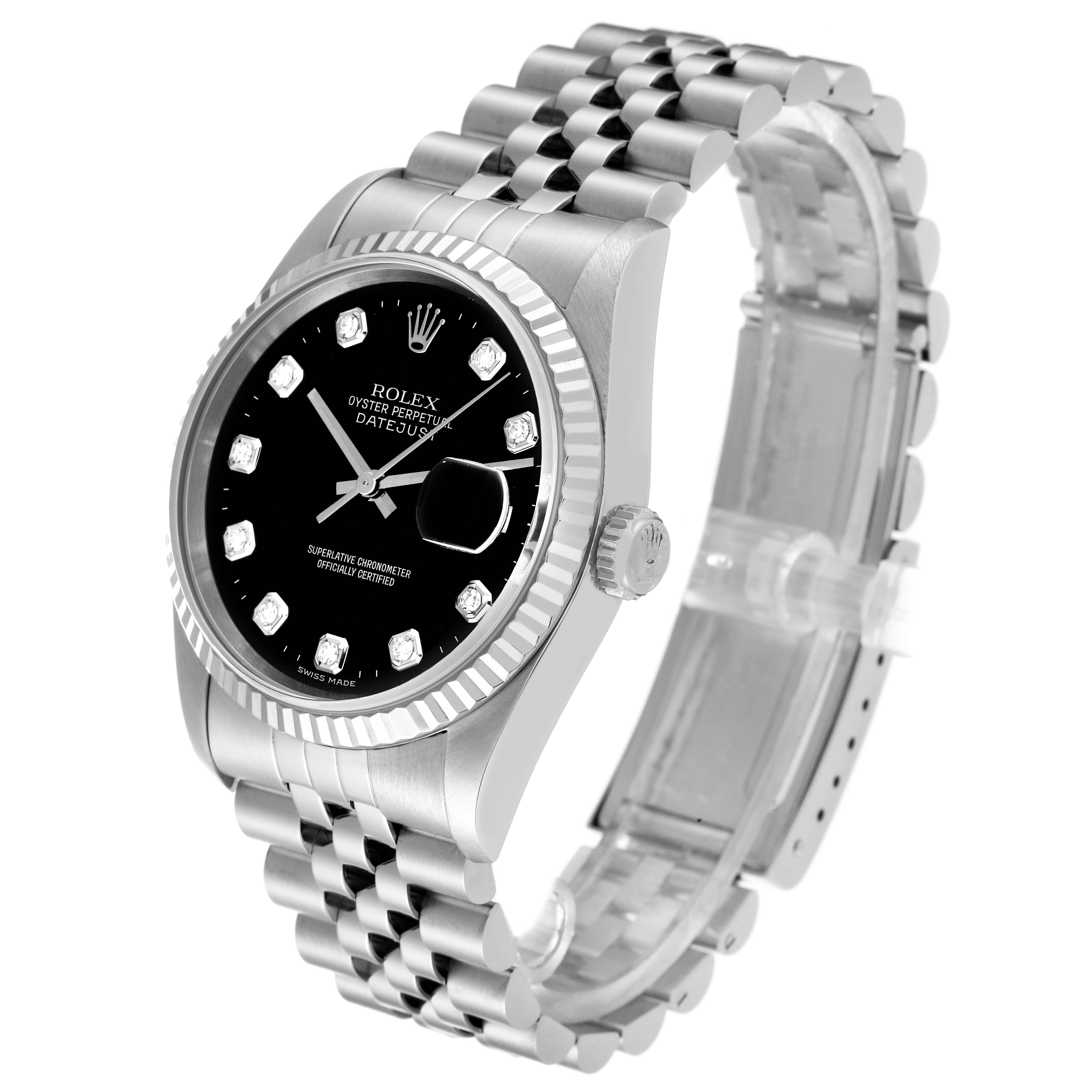 The image shows a Rolex Datejust 16234G Men's Stainless Steel Black Dial 16234G Men's Stainless Steel Black Dial watch at a three-quarter angle highlighting the face, bezel, and part of the bracelet.