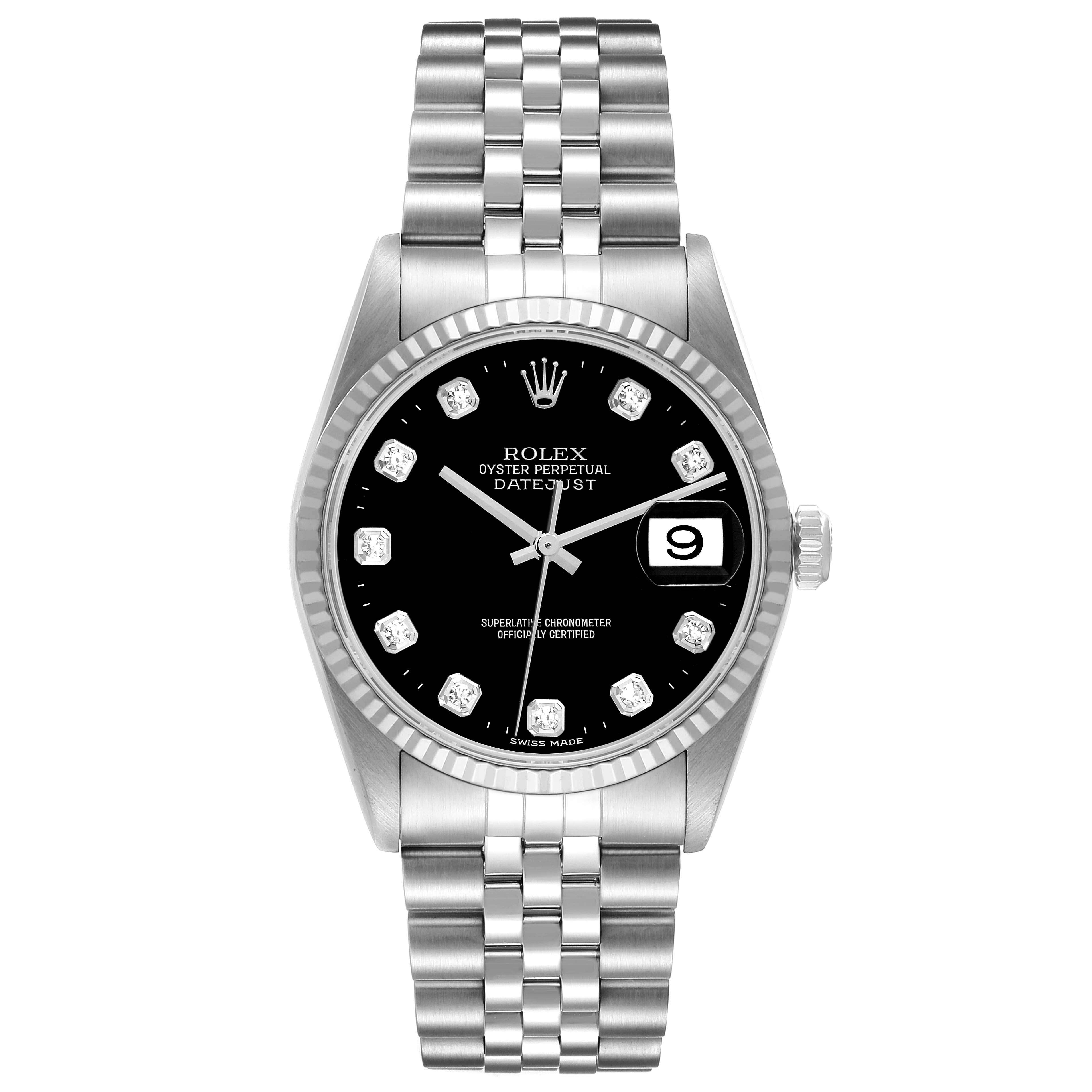 The Rolex Datejust 16234G Men's Stainless Steel Black Dial 16234G Men's Stainless Steel Black Dial watch is shown from the front, displaying its black dial, date window, and jubilee bracelet.