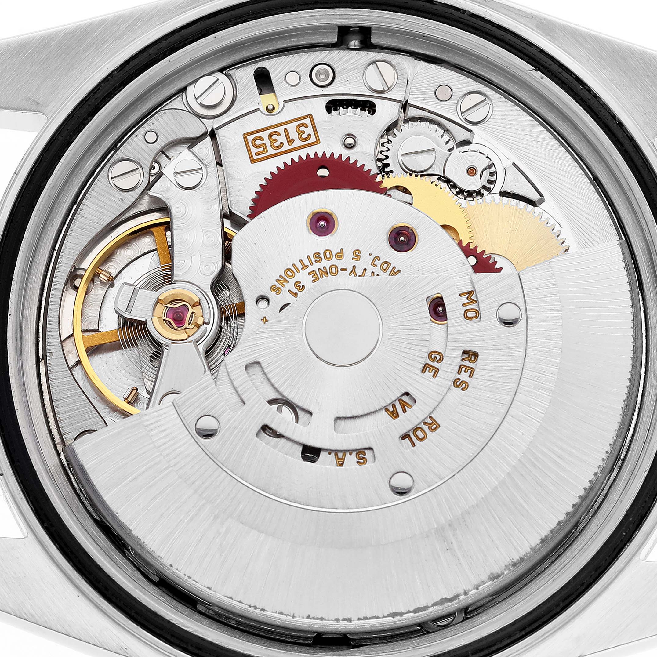 The image shows the internal mechanical movement of a Rolex Datejust 16234G Men's Stainless Steel Black Dial 16234G Men's Stainless Steel Black Dial watch, viewed from the back.