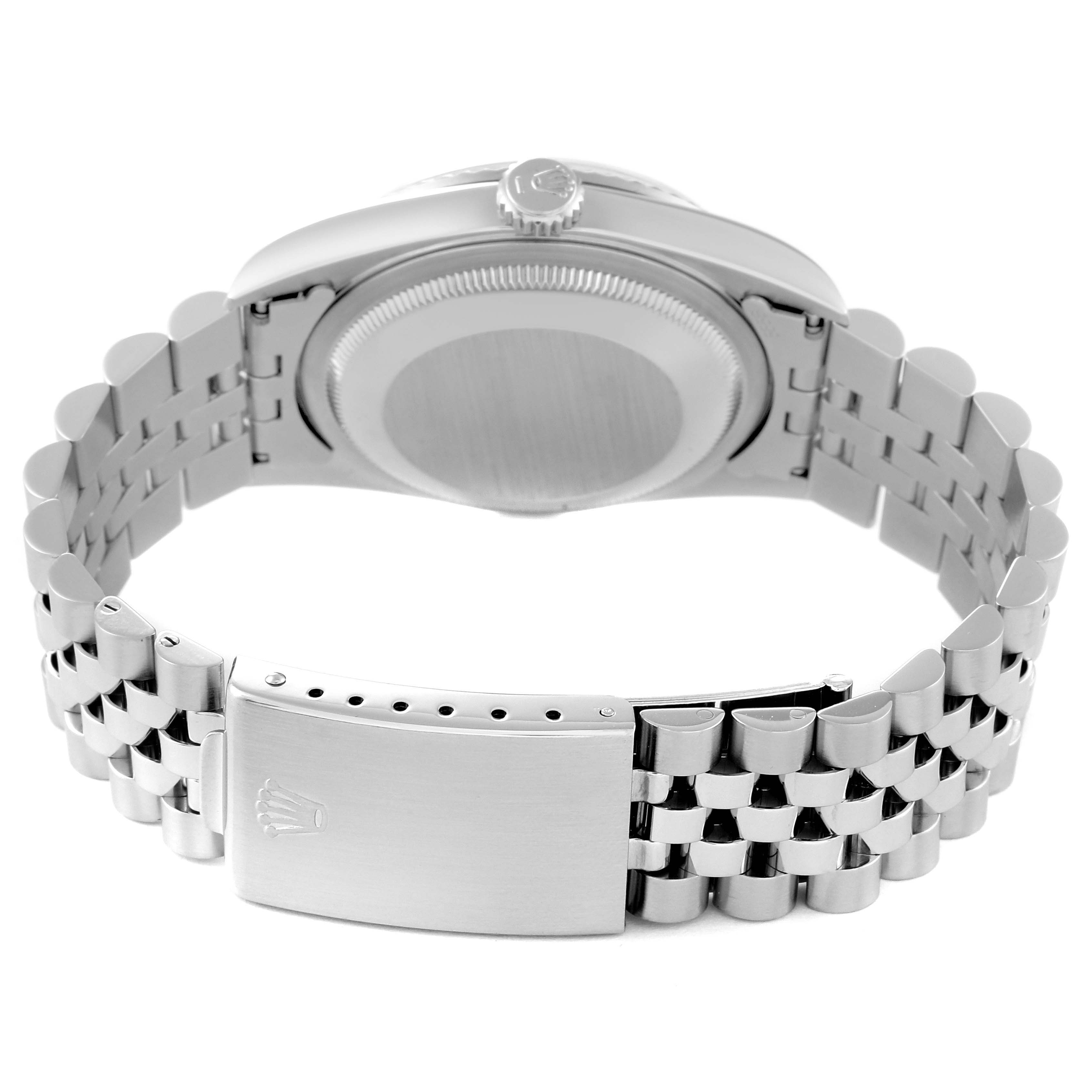 This image shows the back and bracelet clasp of a Rolex Datejust 16234G Men's Stainless Steel Black Dial 16234G Men's Stainless Steel Black Dial watch, captured from a rear angle.