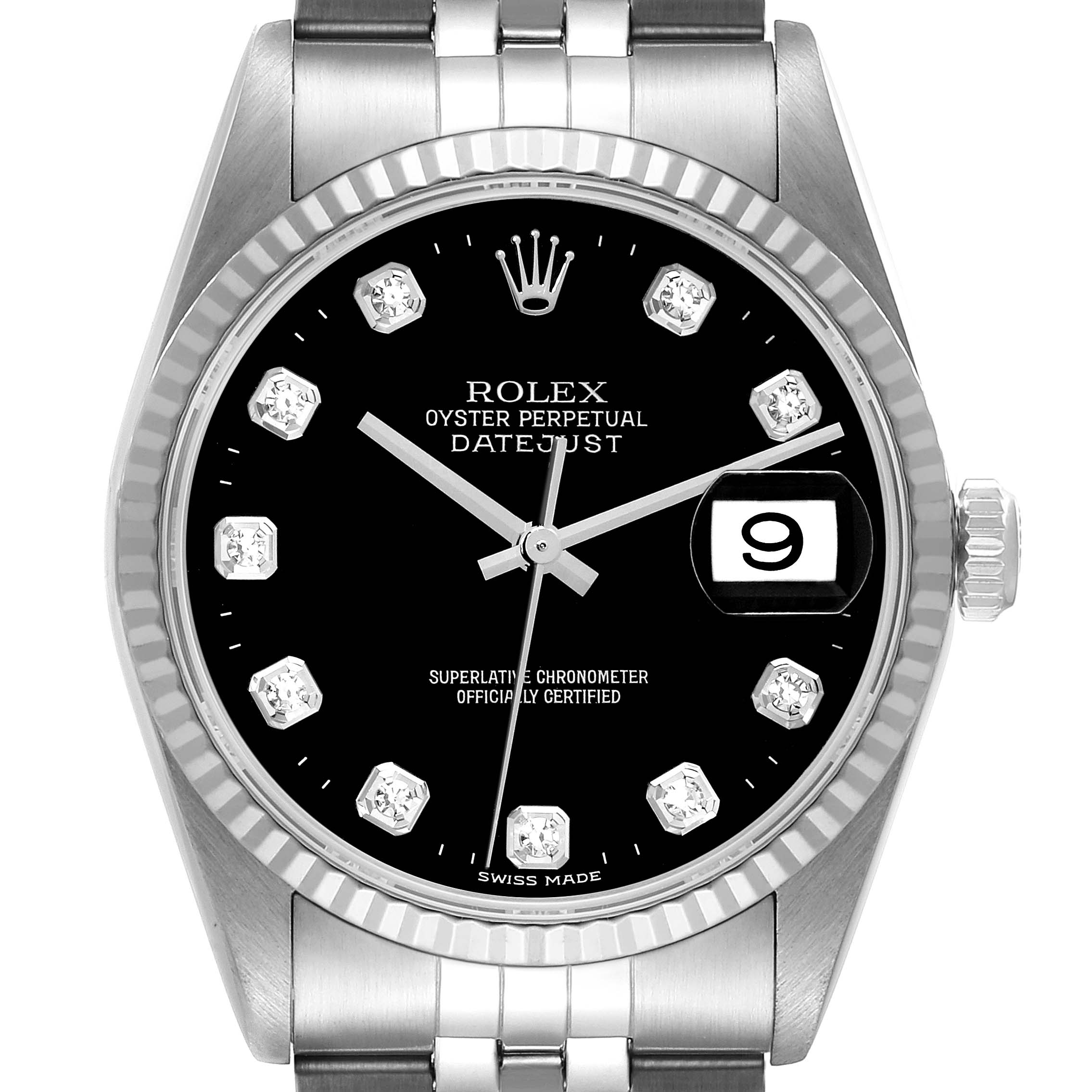 The image shows a front view of the Rolex Datejust 16234G Men's Stainless Steel Black Dial 16234G Men's Stainless Steel Black Dial watch, highlighting the black dial, date window, and diamond hour markers.